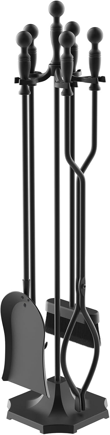5 Pieces 31In Fireplace Tools Set, Wrought Iron Fireplace Tools with Ergonomic Handle, Fireplace Accessories Set Included Tong, Shovel, Base, Poker and Brush for Indoor & Outdoor (Black)