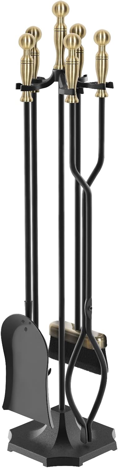 5 Pieces 31In Fireplace Tools Set, Wrought Iron Fireplace Tools with Ergonomic Handle, Fireplace Accessories Set Included Tong, Shovel, Base, Poker and Brush for Indoor & Outdoor (Black)