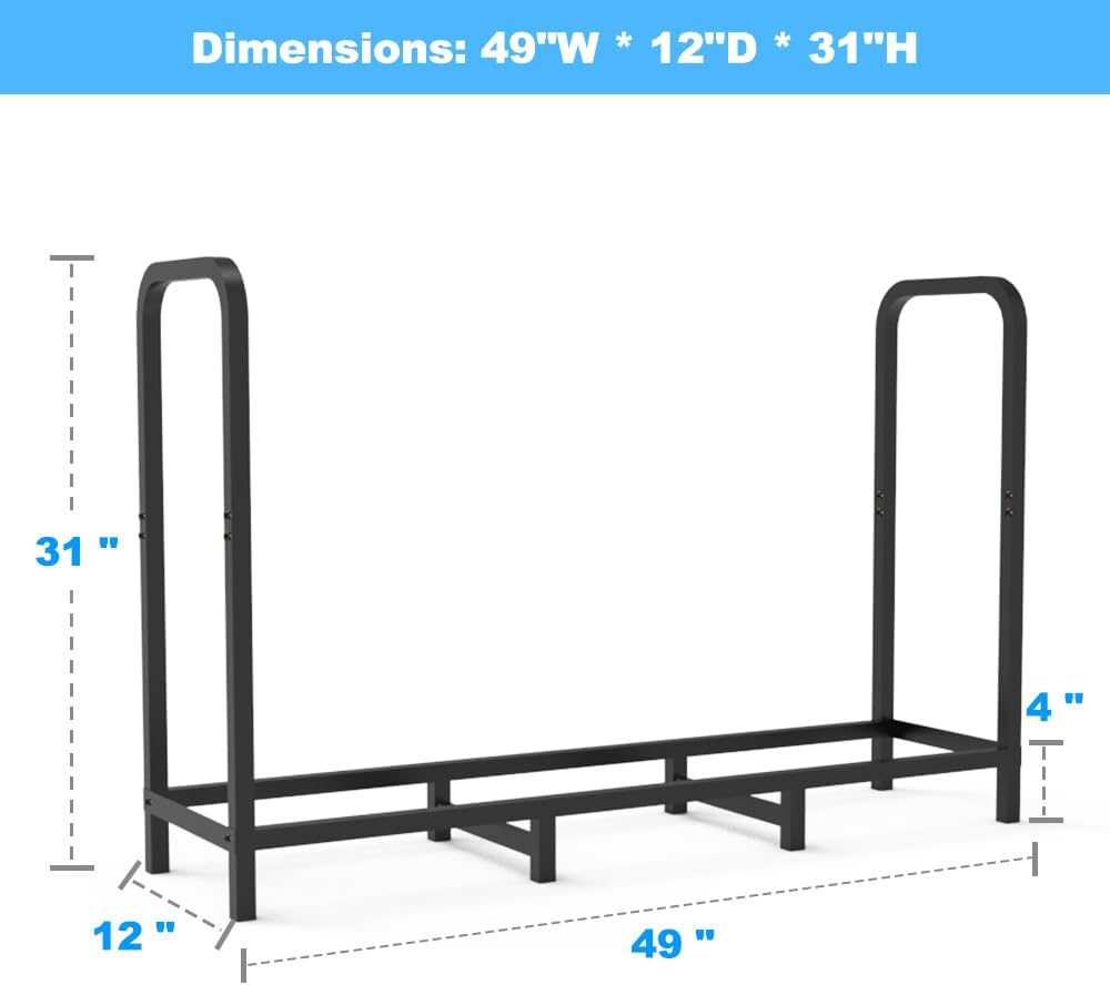 4ft Firewood Rack Holder, Adjustable Heavy Duty Fire Log Stacker Stand for Fireplace, Outdoor Indoor Metal Wood Pile Storage Organizer, Patio Logs Stand tool, Black
