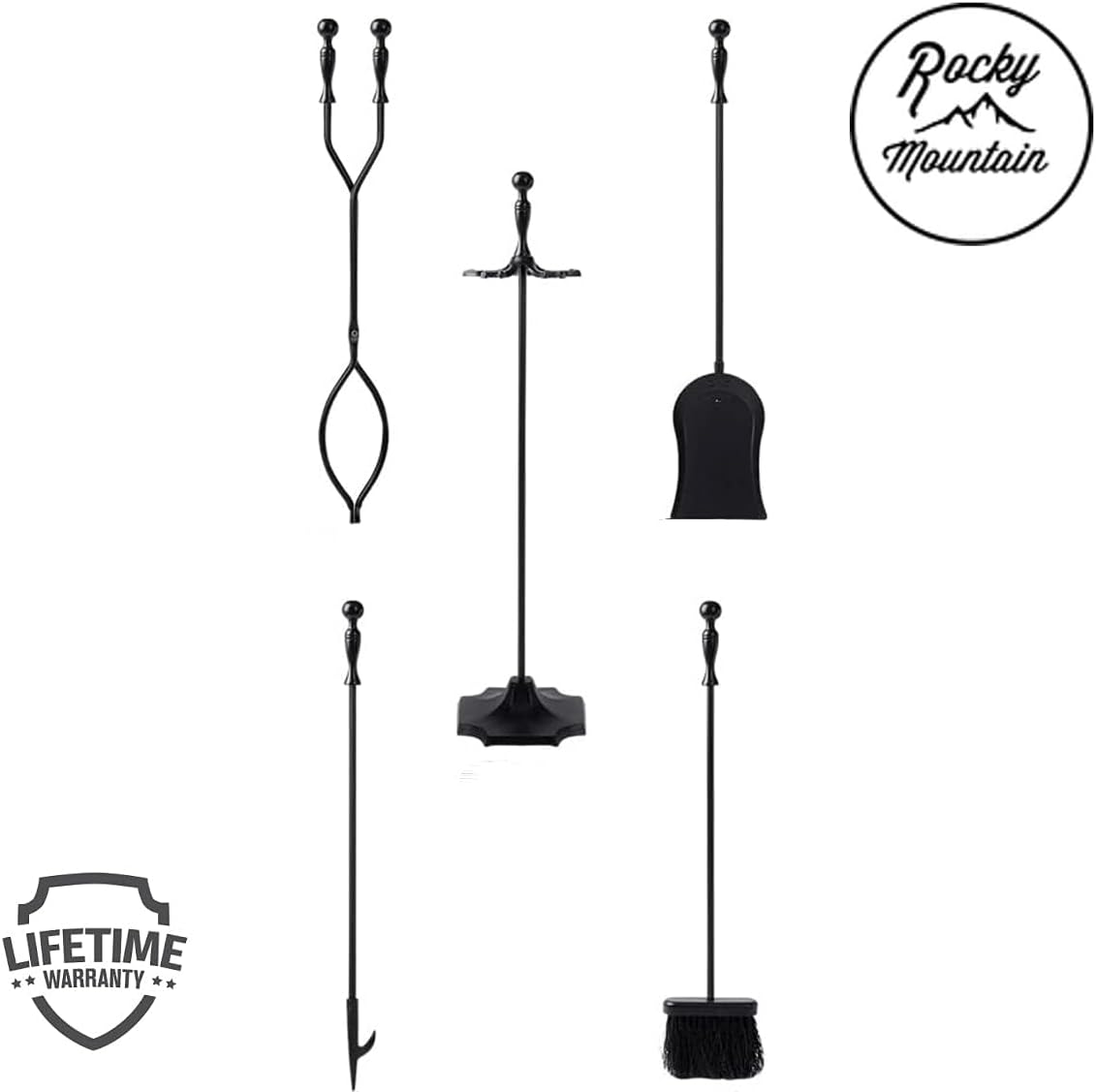 Rocky Mountain Goods 5 Pcs Fireplace Tool Set Black 31” Large - Shovel, Brush, Poker, Tongs, and Stand - Heavy Duty Wrought Iron - Decorative Finish - Ergonomic Ball handles