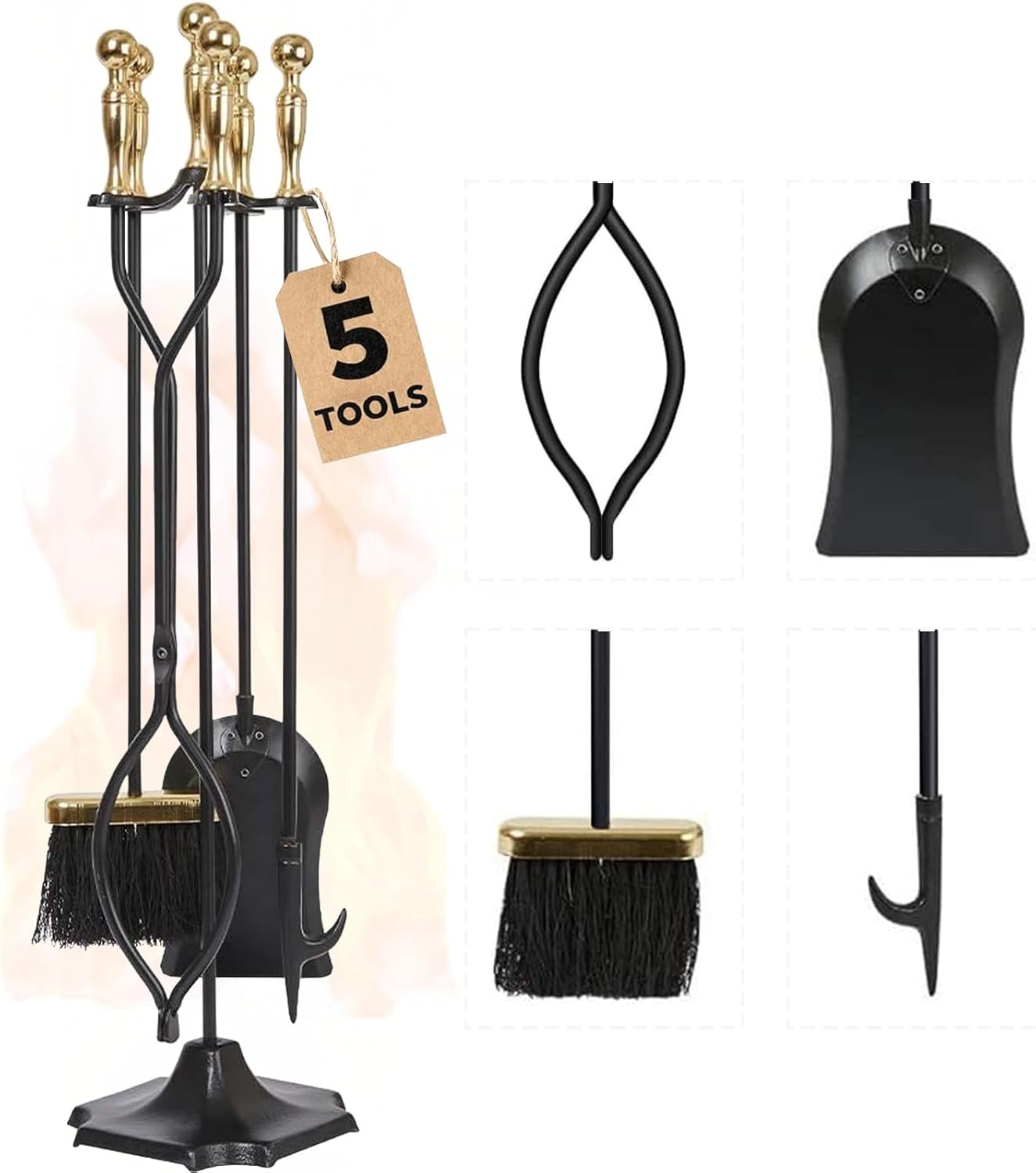 AMAGABELI Garden & Home 5 Pcs Fireplace Tools Set 31 Inch Indoor Black Handle Wrought Iron Large Fire Tool Accessories Set Holder Outdoor Fireset Modern Fire Pit Stand with Poker Brush Shovel Tong