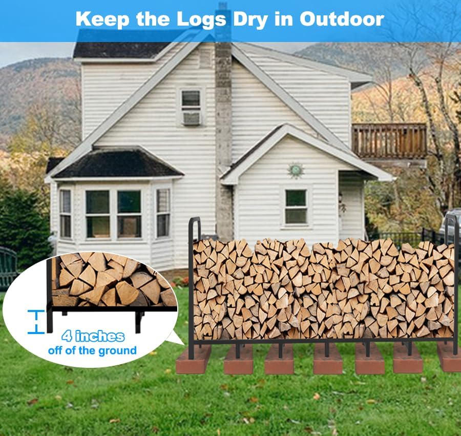 8ft Firewood Rack Holder, Adjustable Heavy Duty Fire Log Stacker Stand for Fireplace, Outdoor Indoor Metal Wood Pile Storage Organizer, Patio Logs Stand tool, Black