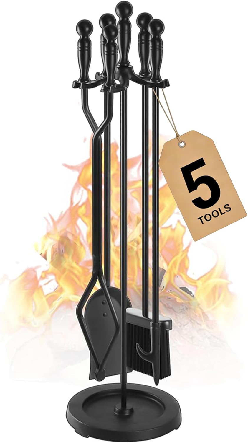 Gtongoko 5 Pcs Fireplace Tools Set 32" Black Wrought Iron Large Fire Tool Set for Outdoor/Indoor Include Chimney Poker, Rustic Tongs, Shovel, Antique Brush and Stand Accessories Set