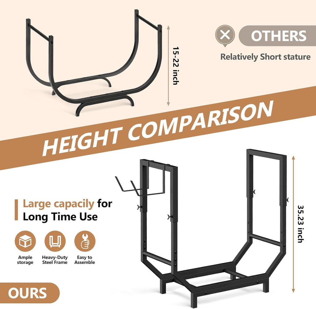 Firewood Rack Outdoor Fire Wood Racks 27.8 in Wood Holders 35.23" H Firewood Outdoor Firewood Holder with Removable Kindling Hooks for outdoor, indoor