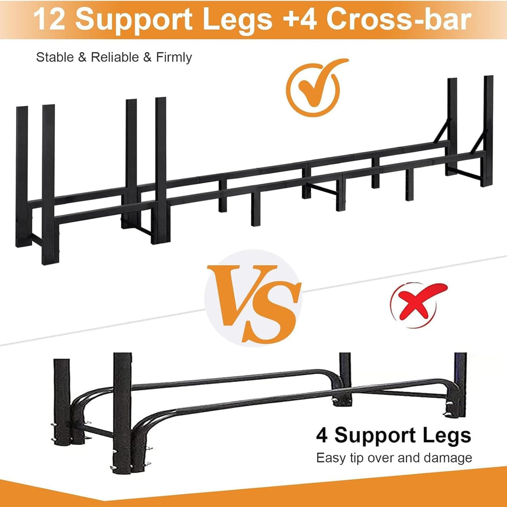 8ft Large Firewood Rack Outdoor, Heavy Duty Metal Wood Rack with Kindling Storage - For Indoor & Outdoor Fireplace, Wood Pile Organizer,Black