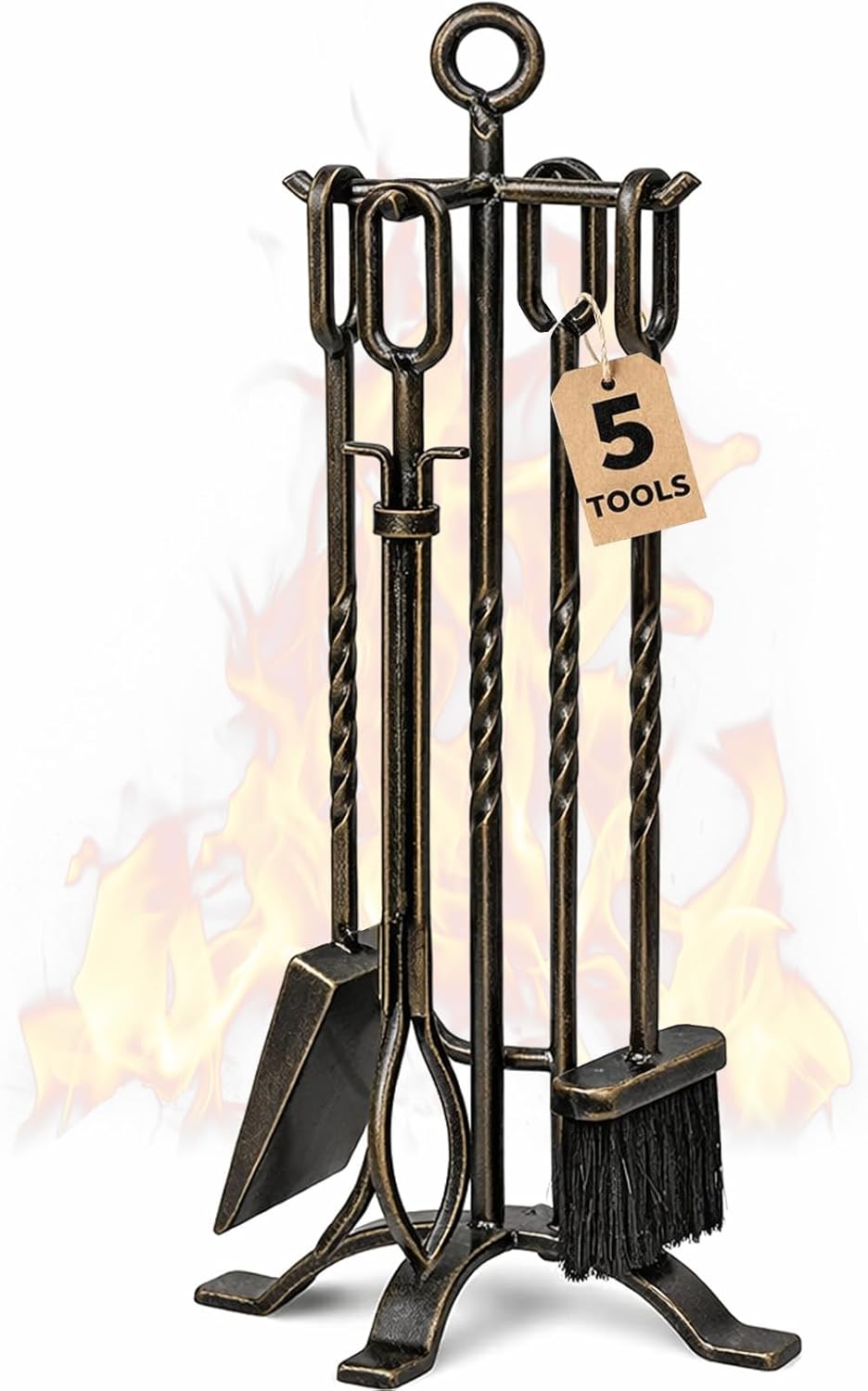 AMAGABELI GARDEN & HOME 5 Pieces Fireplace Tools Set Indoor Wrought Iron Fire Place Pit Large Poker Wood Stove Log Firewood Tongs Holder with Handles Modern Black Outdoor Accessories Kit