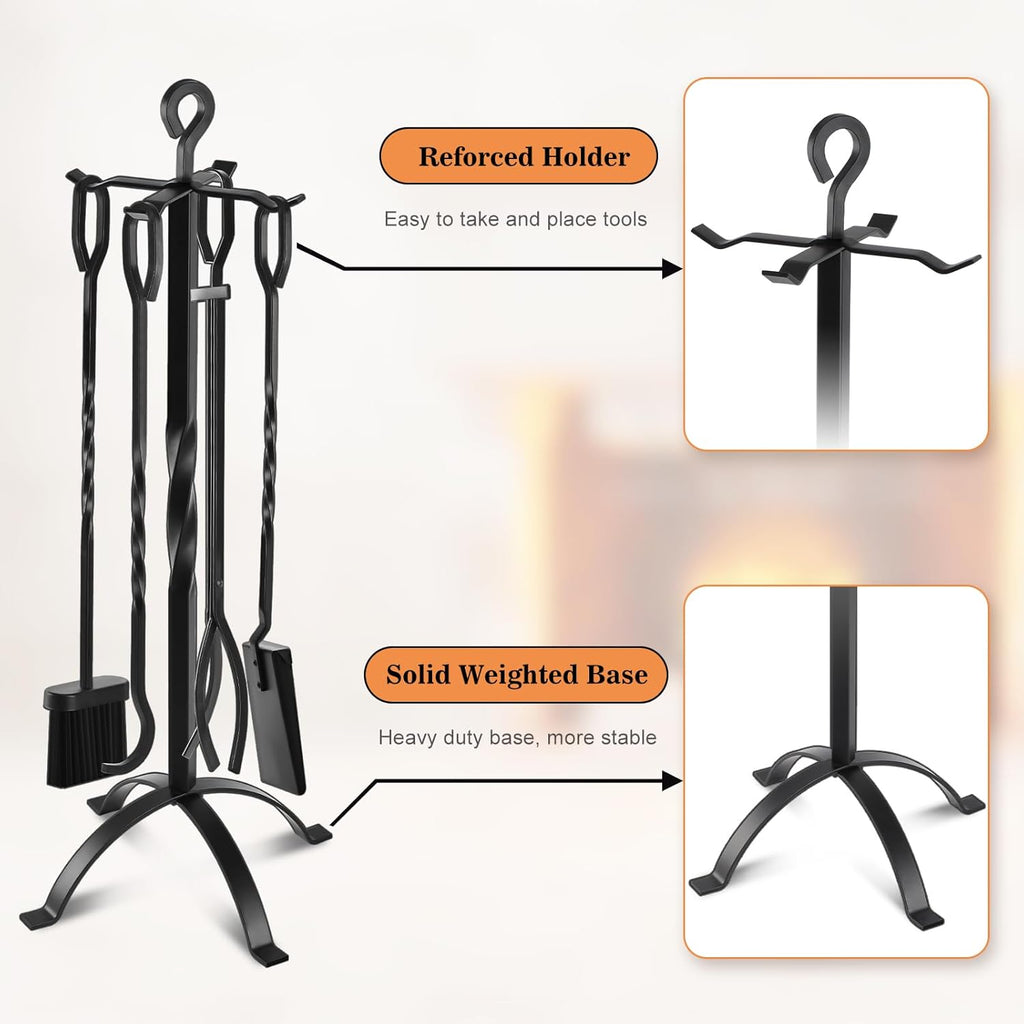 Gtongoko Fireplace Tools Set 5 Pieces 32 Inch Modern Black Wrought Iron Large Fire Tool Set for Outdoor/Indoor Include Chimney Poker, Tongs, Shovel, Brush and Stand Accessories Set