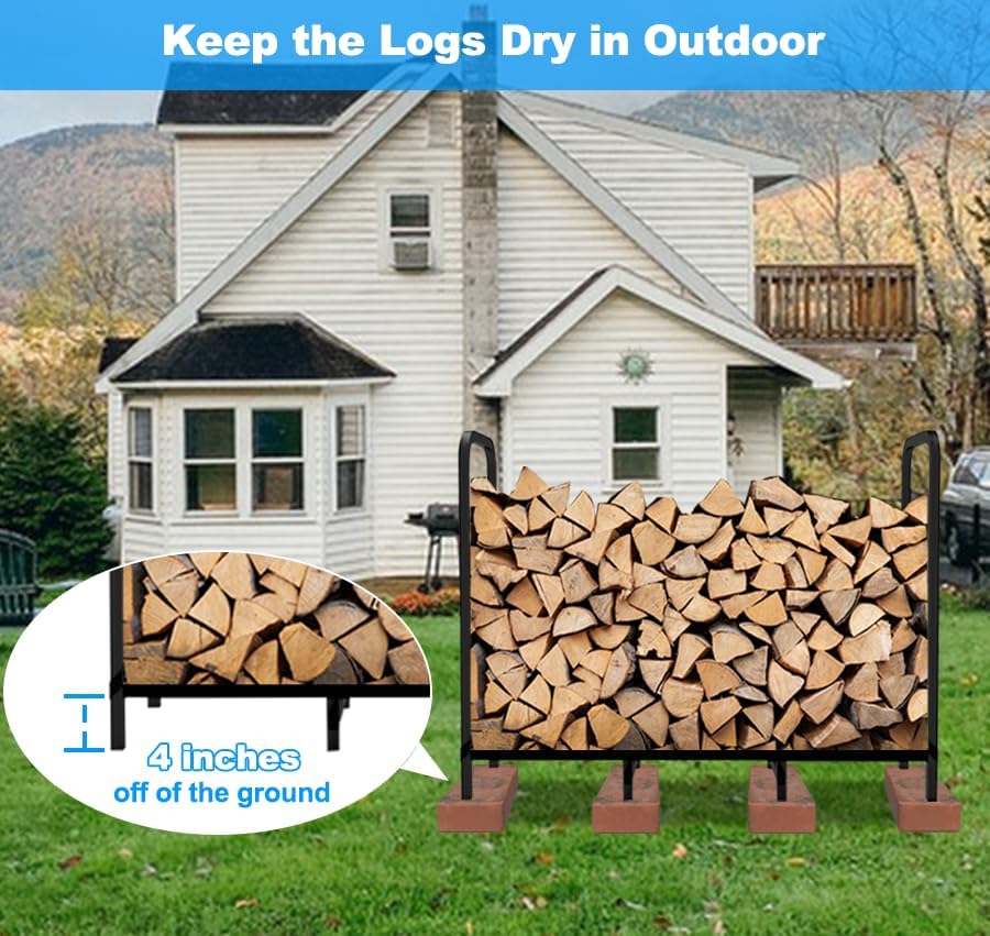4ft Firewood Rack Holder, Adjustable Heavy Duty Fire Log Stacker Stand for Fireplace, Outdoor Indoor Metal Wood Pile Storage Organizer, Patio Logs Stand tool, Black