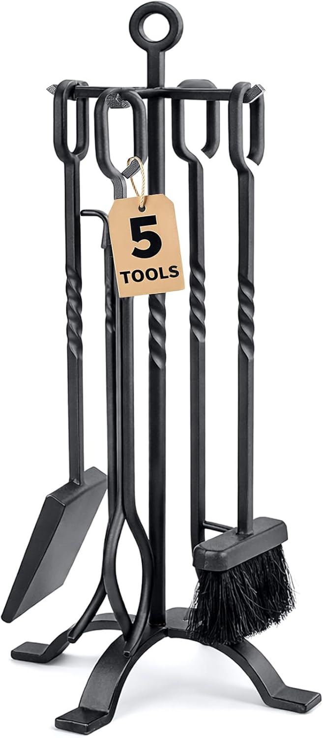 AMAGABELI GARDEN & HOME 5 Pieces Fireplace Tools Set Indoor Wrought Iron Fire Place Pit Large Poker Wood Stove Log Firewood Tongs Holder with Handles Modern Black Outdoor Accessories Kit