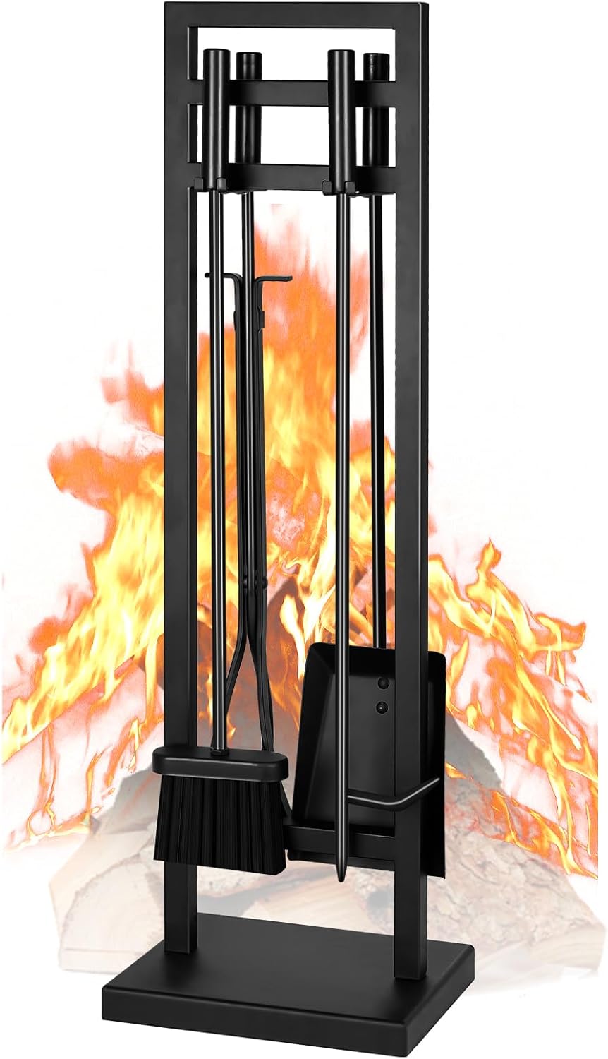 FEED GARDEN Fireplace Tools Set 5 Pieces, 30 Inch Modern Wrought Iron Outdoor Fireplace Accessories Set Long Holder Indoor with Poker, Tongs, Shovel, Brush, Base Black