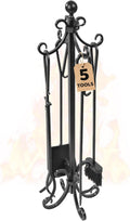 AMAGABELI GARDEN & HOME 5 Pieces Fireplace Tools Set Heavy Duty Black Cast Wrought Iron Tool Set with Log Holder Fire Set Stand Scroll Rustic Antique Accessories Set
