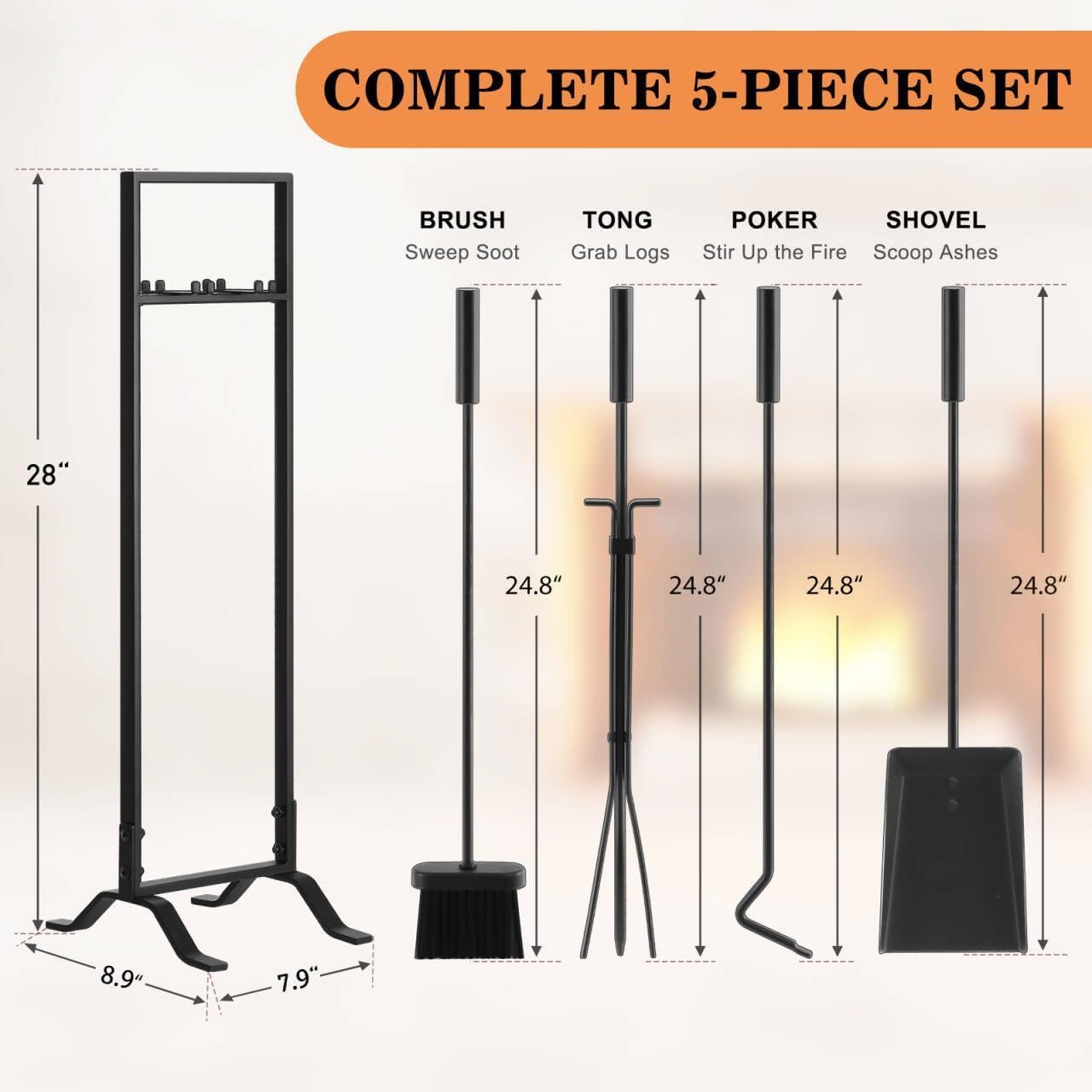 Gtongoko Premium 5 Pcs Wrought Iron Fireplace Tools Set for Outdoor/Indoor,Fire Place Set Tools Include Poker,Tongs, Shovel,Brush and Stand Accessories Set,Black