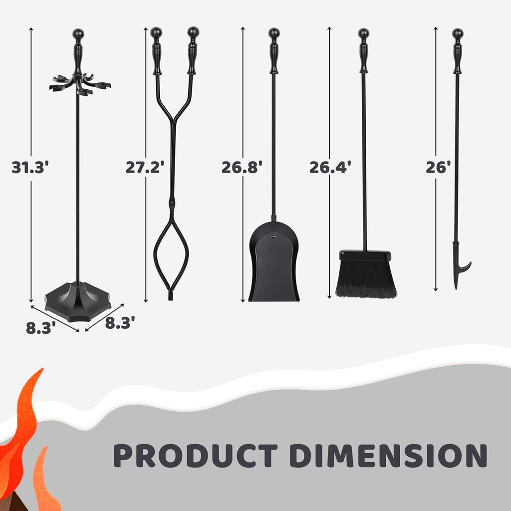 5 Pieces 31In Fireplace Tools Set, Wrought Iron Fireplace Tools with Ergonomic Handle, Fireplace Accessories Set Included Tong, Shovel, Base, Poker and Brush for Indoor & Outdoor (Black)