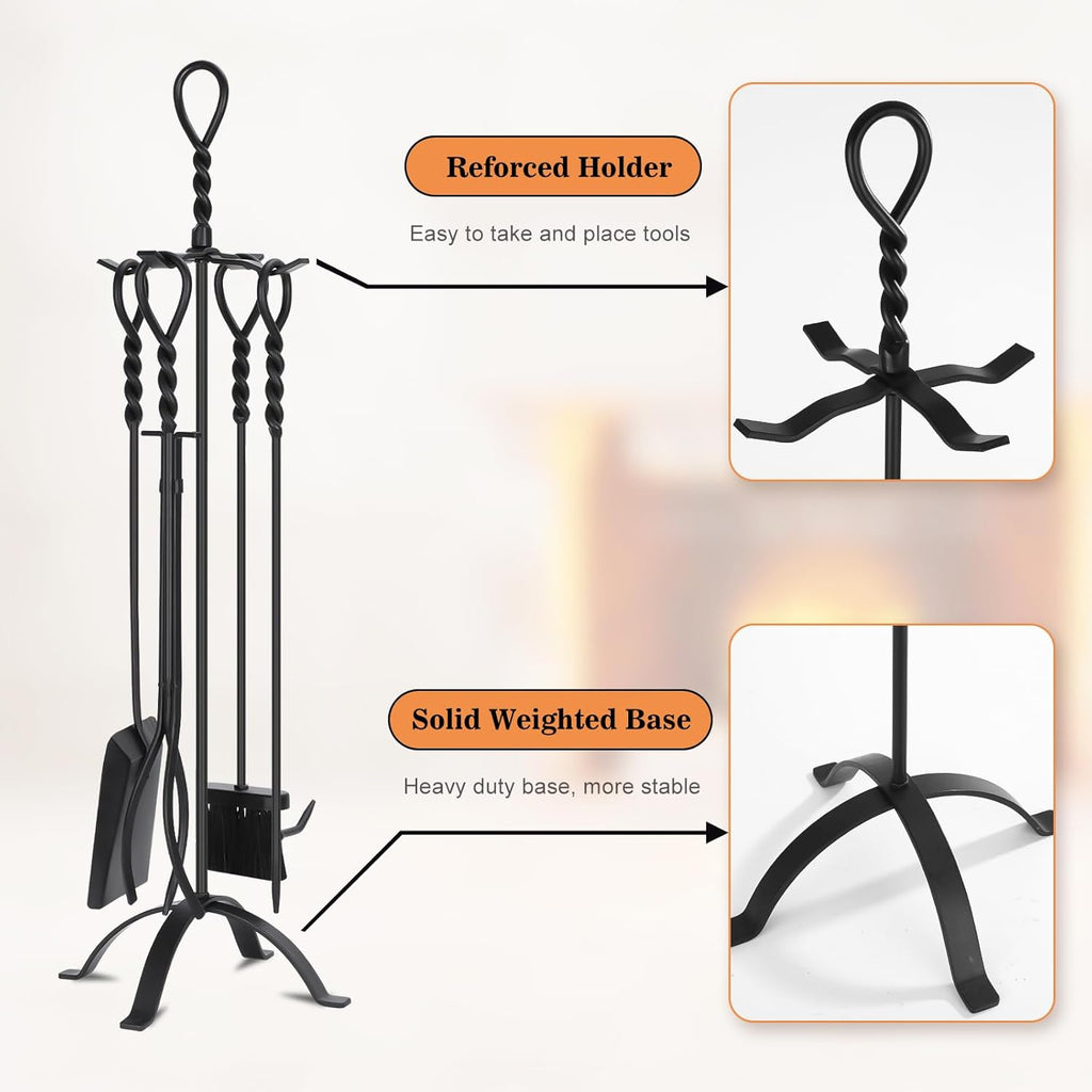 Gtongoko 35 Inch Fireplace Tools Set 5 Pcs Black Wrought Solid Iron Large Fire Tool Set for Outdoor/Indoor Include Chimney Poker, Rustic Tongs, Shovel, Antique Brush and Stand Accessories Set