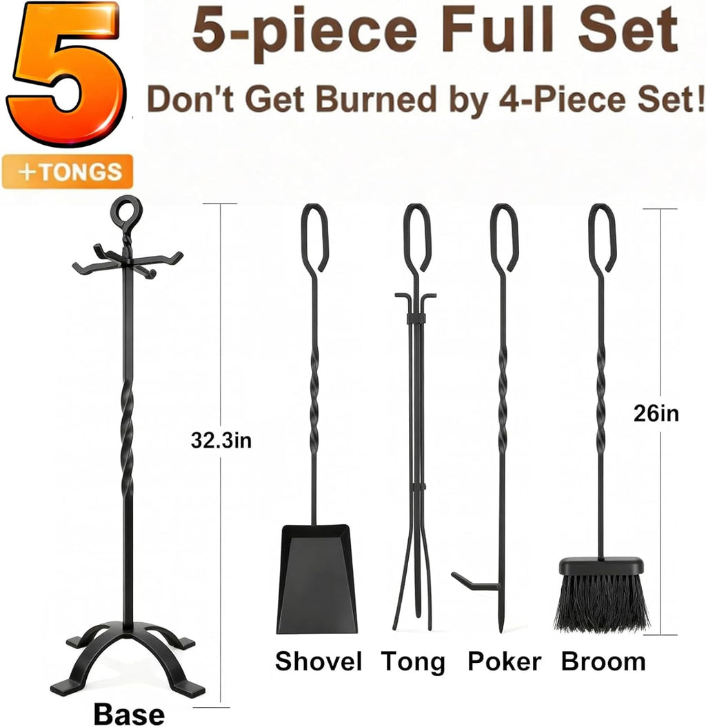 AMAGABELI GARDEN & HOME 5 Pieces Fireplace Tools Set Indoor Wrought Iron Fire Place Pit Large Poker Wood Stove Log Firewood Tongs Holder with Handles Modern Black Outdoor Accessories Kit