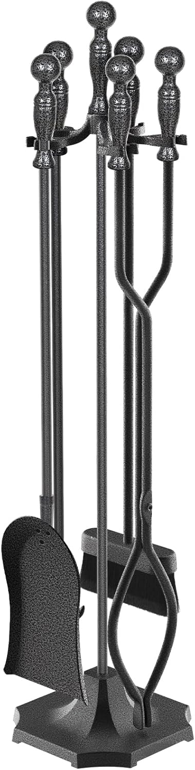 5 Pieces 31In Fireplace Tools Set, Wrought Iron Fireplace Tools with Ergonomic Handle, Fireplace Accessories Set Included Tong, Shovel, Base, Poker and Brush for Indoor & Outdoor (Black)