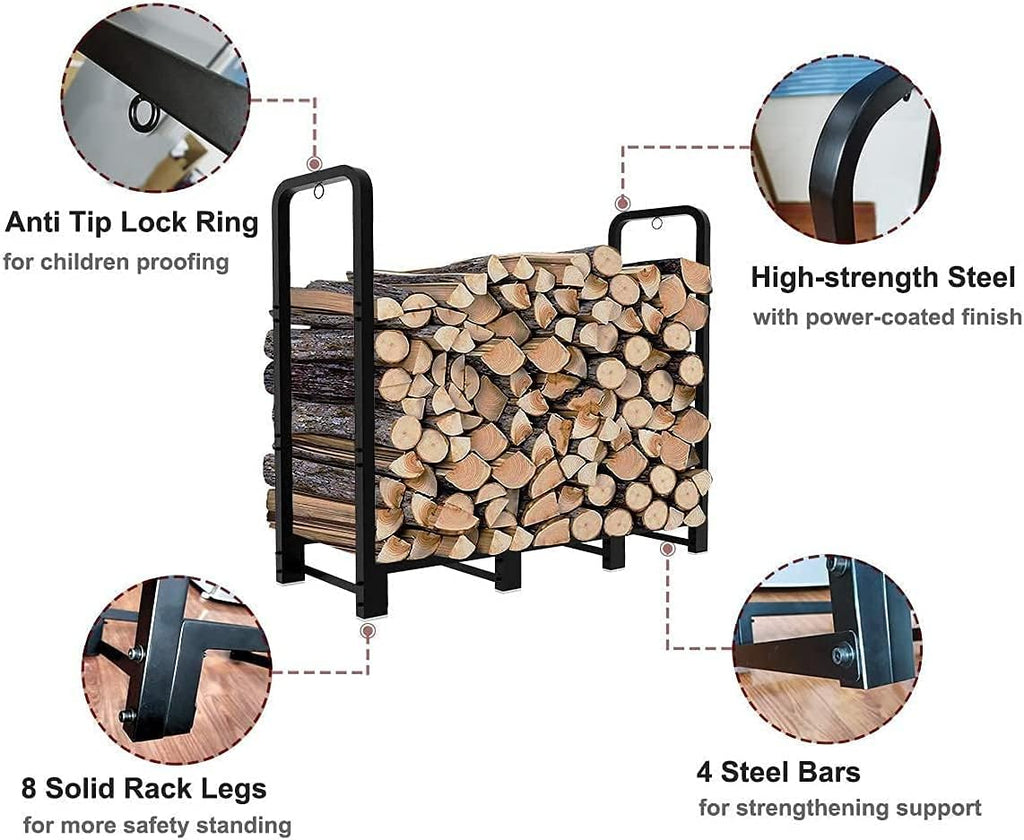 Artibear Firewood Rack Stand 4ft Heavy Duty Logs Holder for Outdoor Indoor Fireplace Metal Wood Pile Storage Stacker Organizer, Matte Black