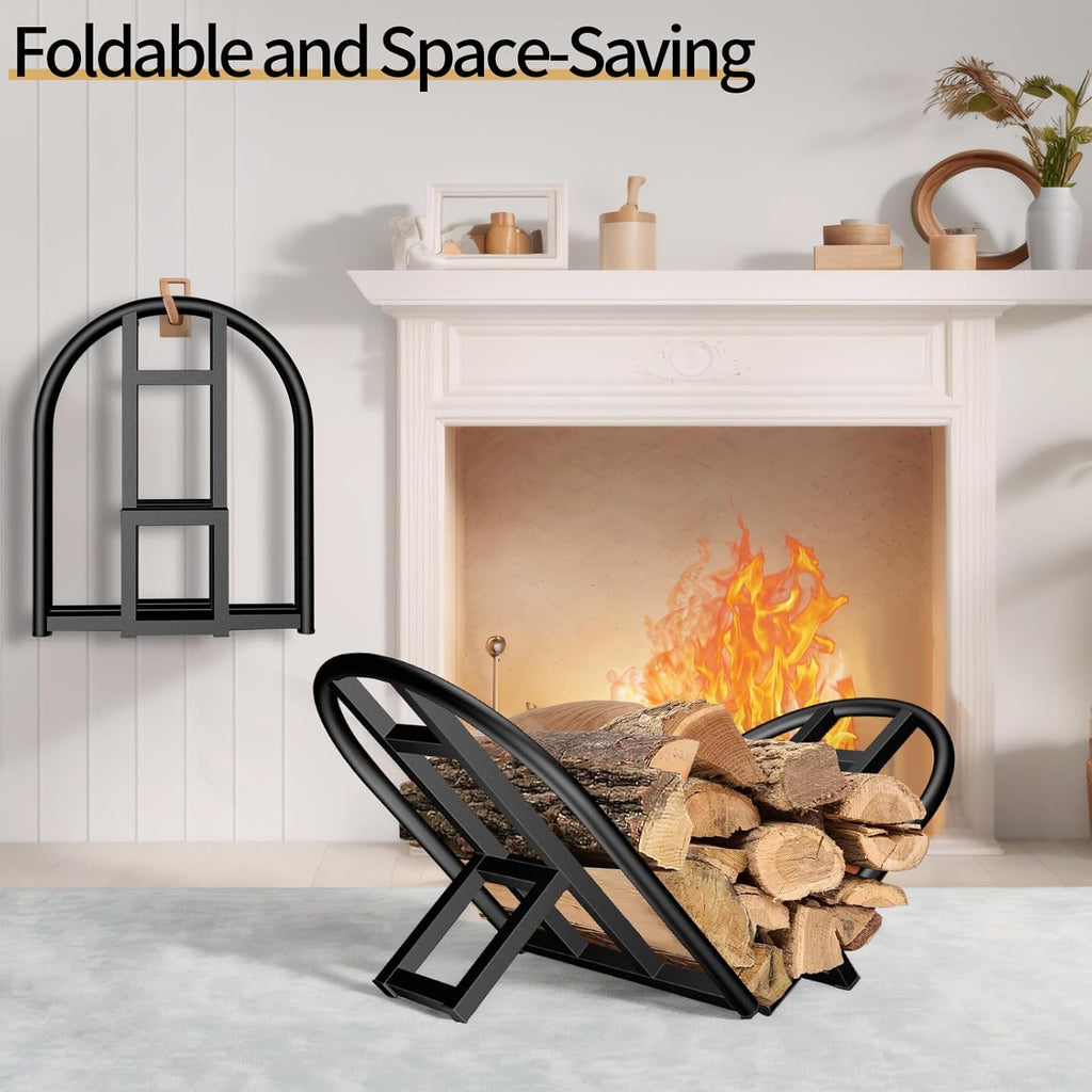 Firewood Rack Outdoor Indoor, Foldable Wood Rack Metal Firewood Holder Indoor Small Log Wood Storage Fireplace Log Holder for Firepit Stoves