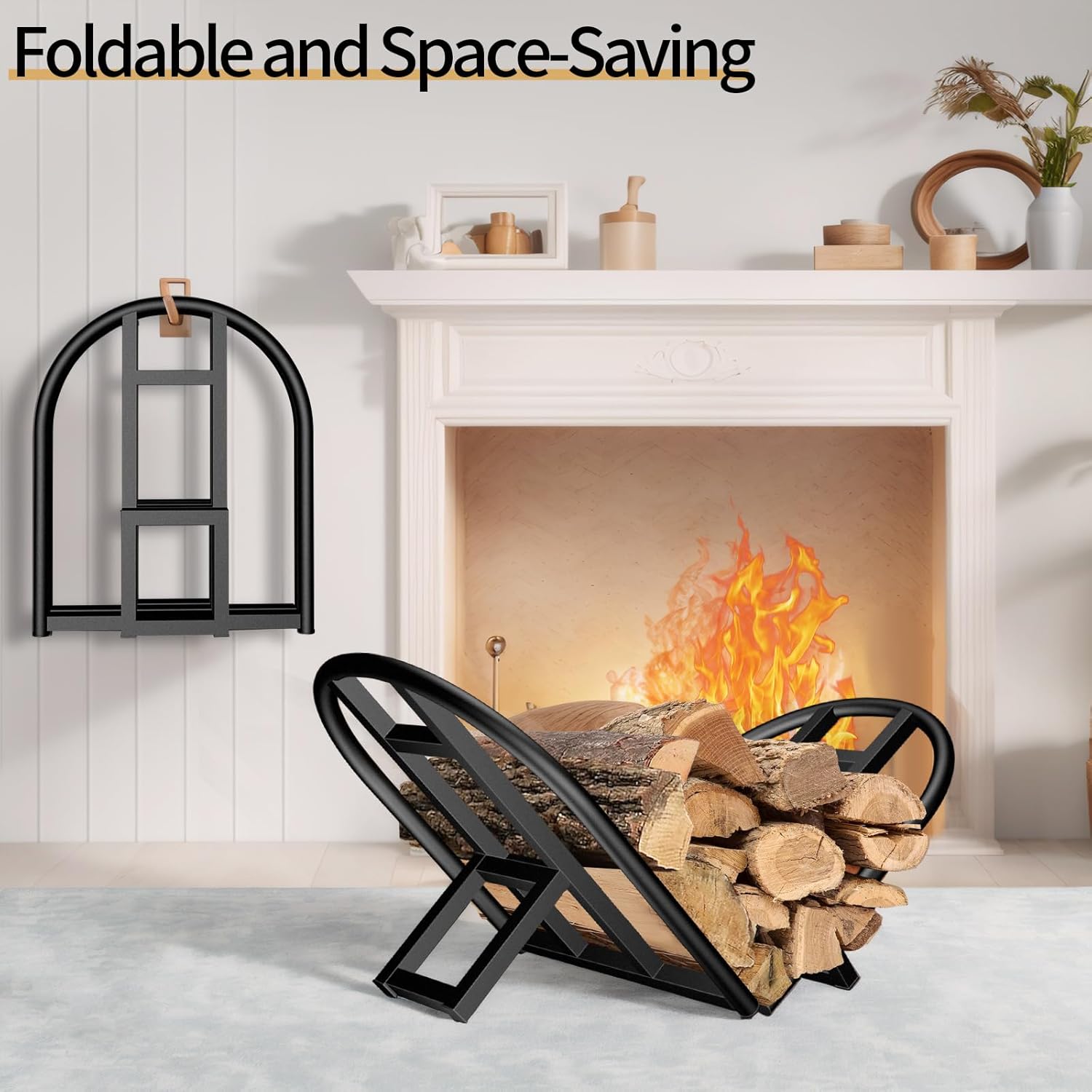Firewood Rack Outdoor Indoor, Foldable Wood Rack Metal Firewood Holder Indoor Small Log Wood Storage Fireplace Log Holder for Firepit Stoves