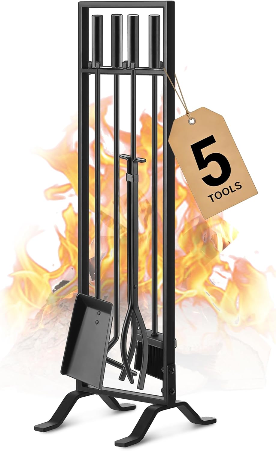 Gtongoko Fireplace Tools Set 4 Pcs 30 Inch Black Wrought Iron Large Fire Tool Set for Outdoor/Indoor Include Chimney Poker, Antique Shovel, Rustic Brush and Stand Accessories Set