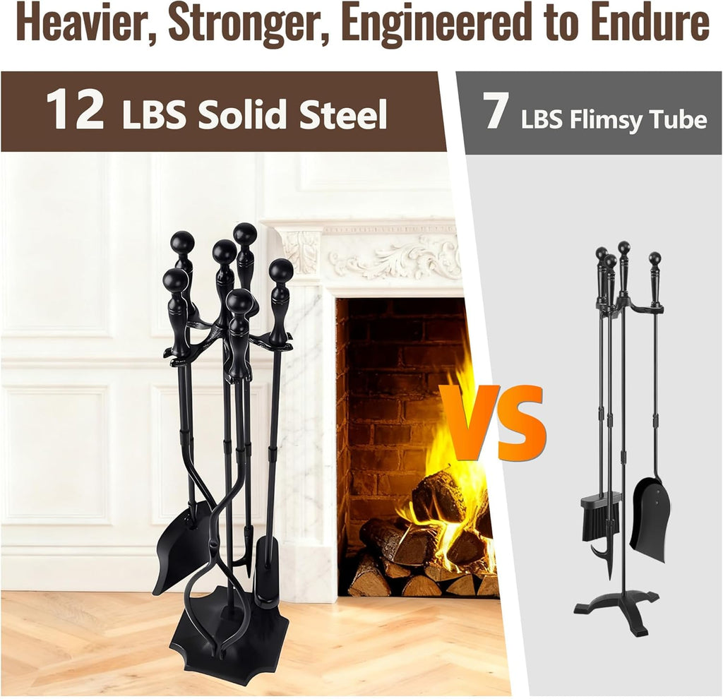 AMAGABELI Garden & Home 5 Pcs Fireplace Tools Set 31 Inch Indoor Black Handle Wrought Iron Large Fire Tool Accessories Set Holder Outdoor Fireset Modern Fire Pit Stand with Poker Brush Shovel Tong