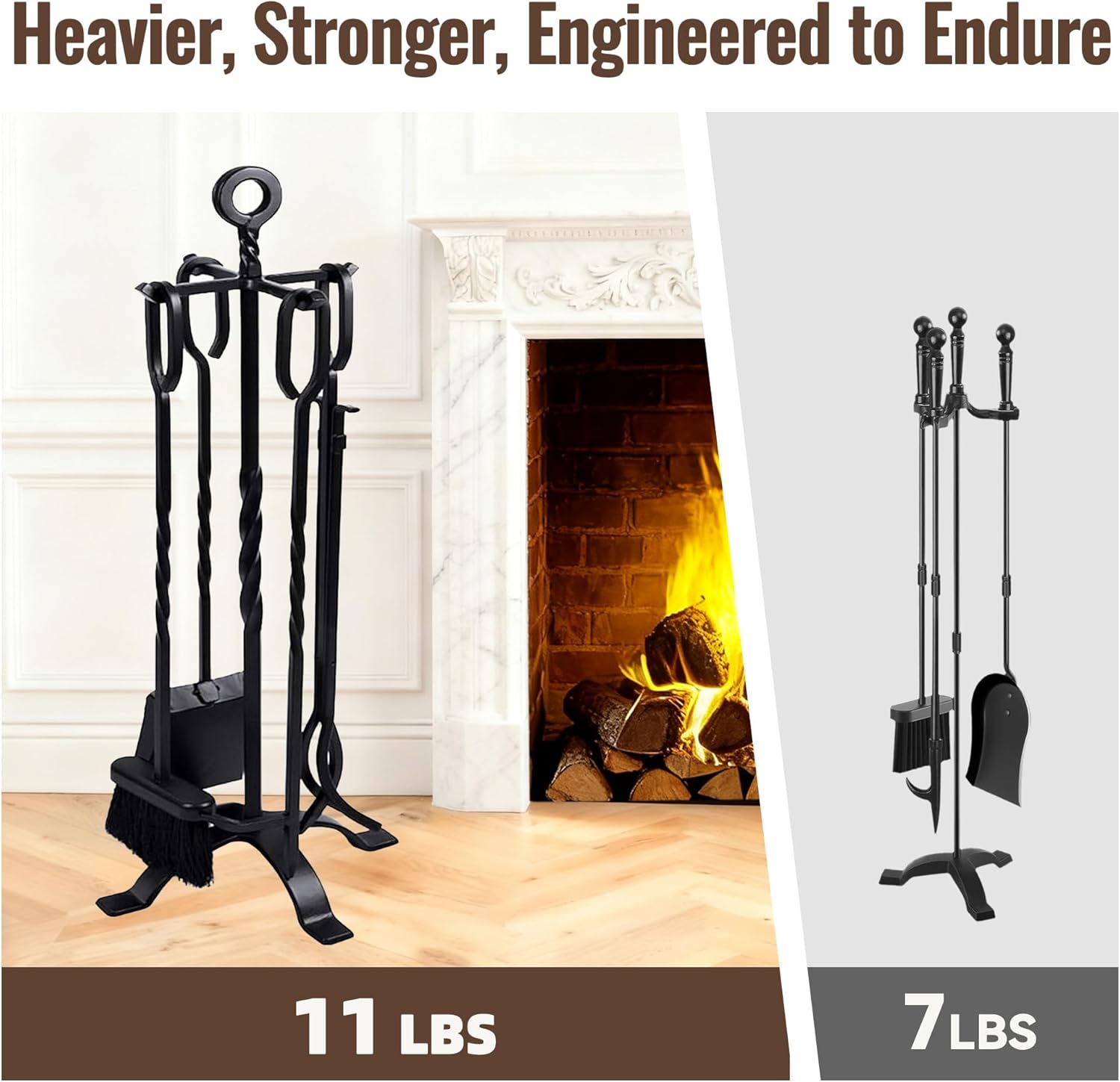 AMAGABELI GARDEN & HOME 5 Pieces Fireplace Tools Set Indoor Wrought Iron Fire Place Pit Large Poker Wood Stove Log Firewood Tongs Holder with Handles Modern Black Outdoor Accessories Kit