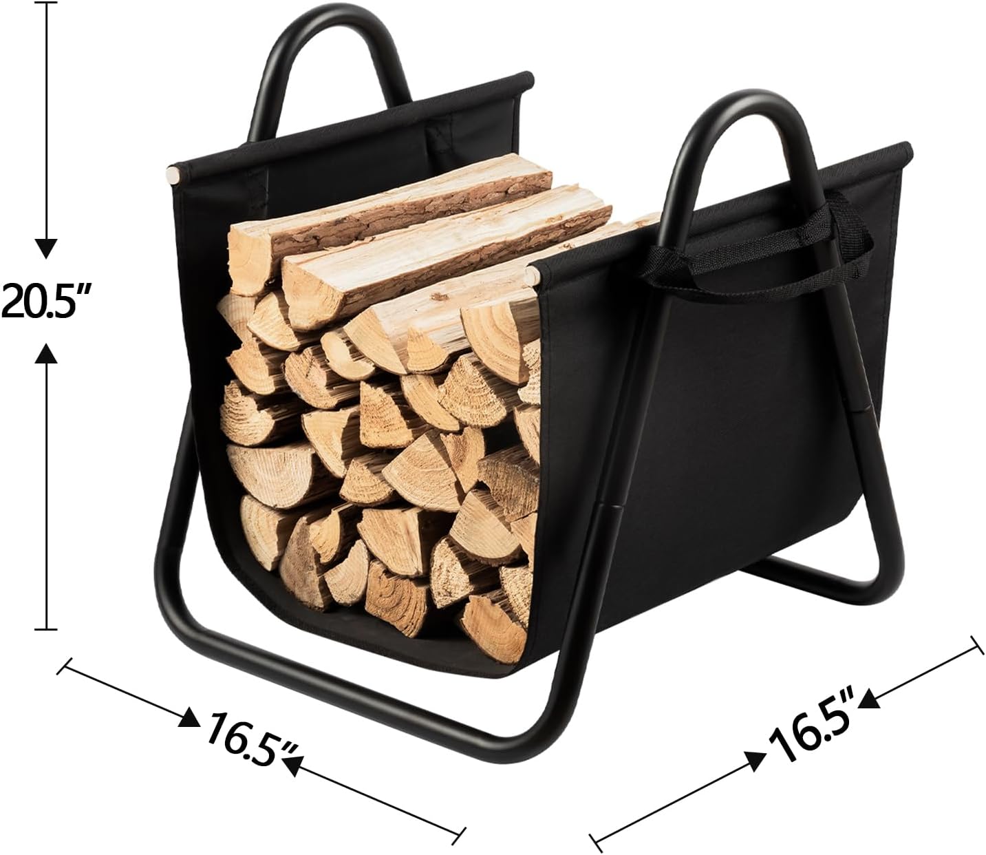 AMAGABELI GARDEN & HOME Fireplace Log Holder with Canvas Firewood Rack Indoor Tote Carrier Metal Wood Rack Black Firewood Holders Storage Heavy Duty Logs Stacker Basket with Handles Kindling