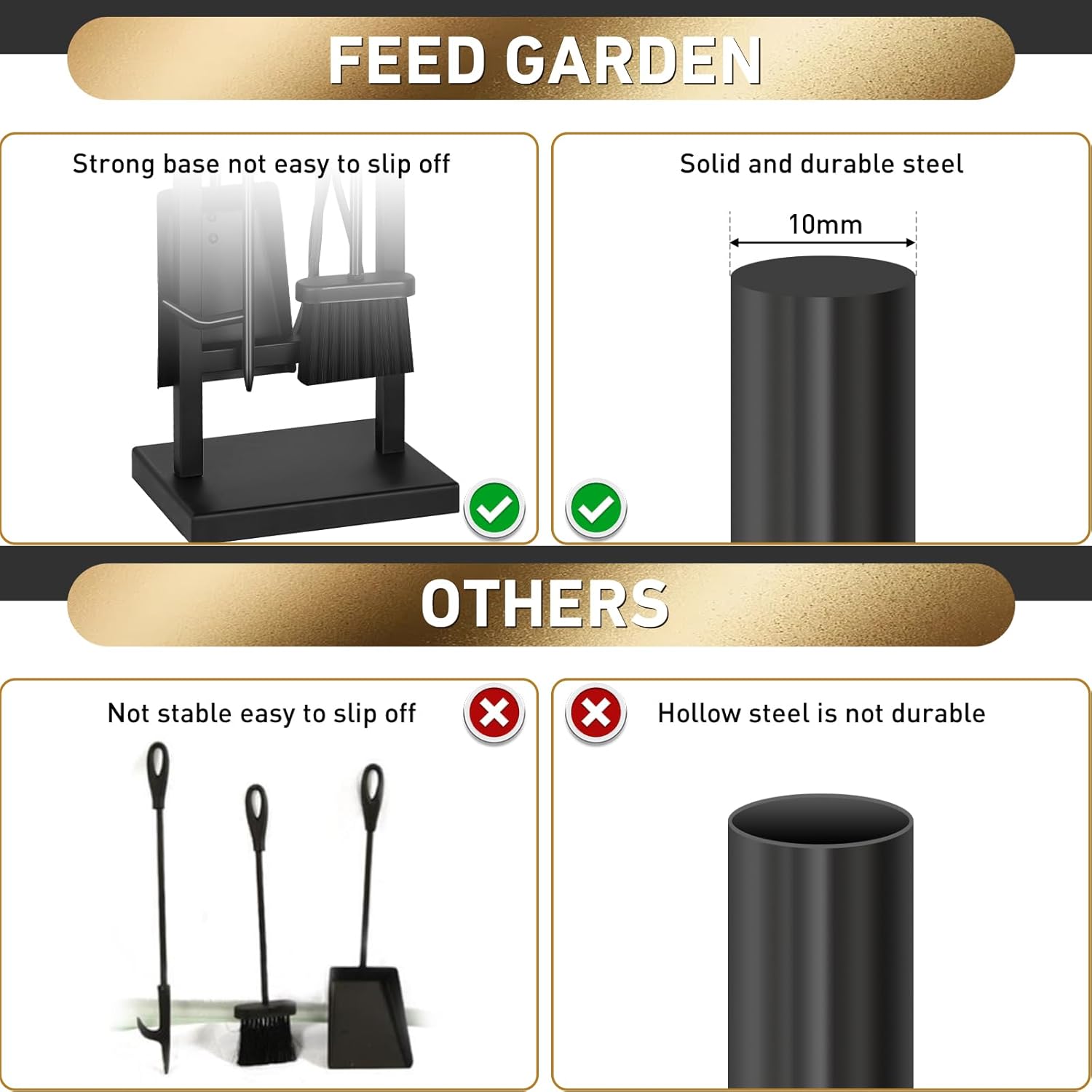 FEED GARDEN Fireplace Tools Set 5 Pieces, 30 Inch Modern Wrought Iron Outdoor Fireplace Accessories Set Long Holder Indoor with Poker, Tongs, Shovel, Brush, Base Black