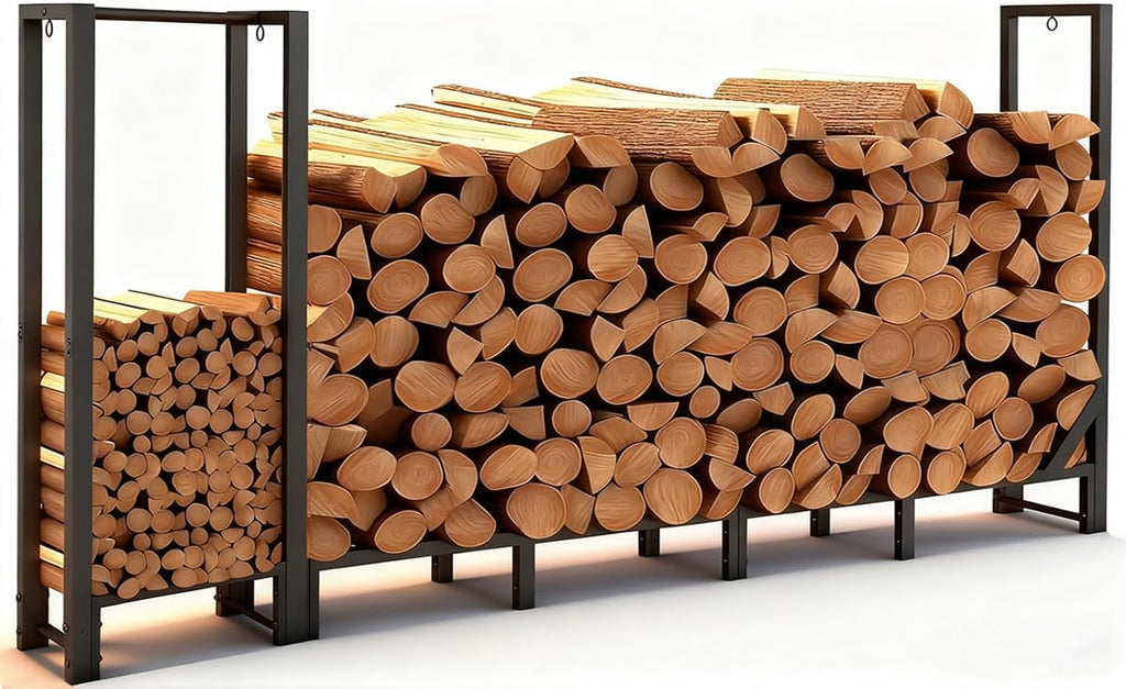 8ft Large Firewood Rack Outdoor, Heavy Duty Metal Wood Rack with Kindling Storage - For Indoor & Outdoor Fireplace, Wood Pile Organizer,Black