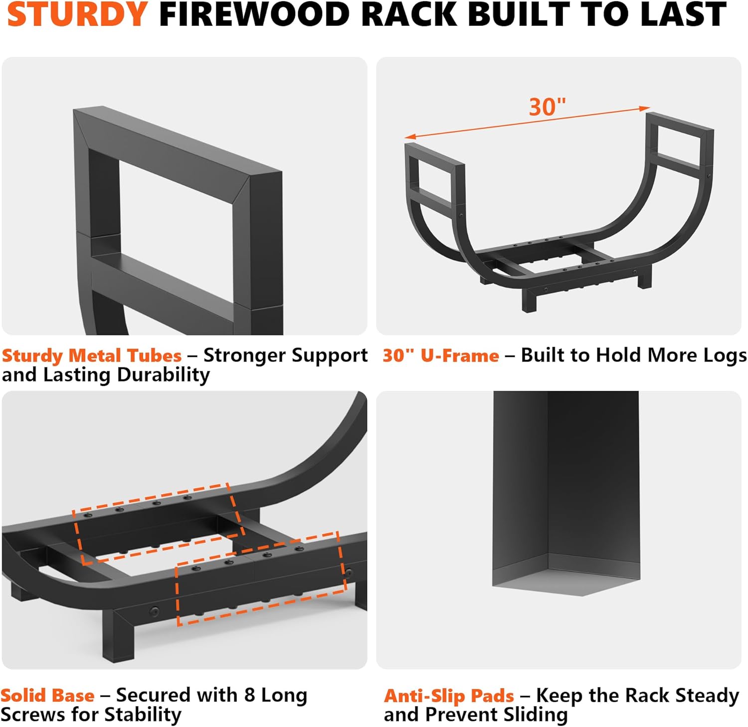 30-inch Firewood Rack Outdoor Indoor with Log Carrier Bag, Stable Log Holder Rustproof Metal Wood Rack for Fireplace Patio Deck Firepit, Heavy Duty Firewood Storage Organizer Tool, Black