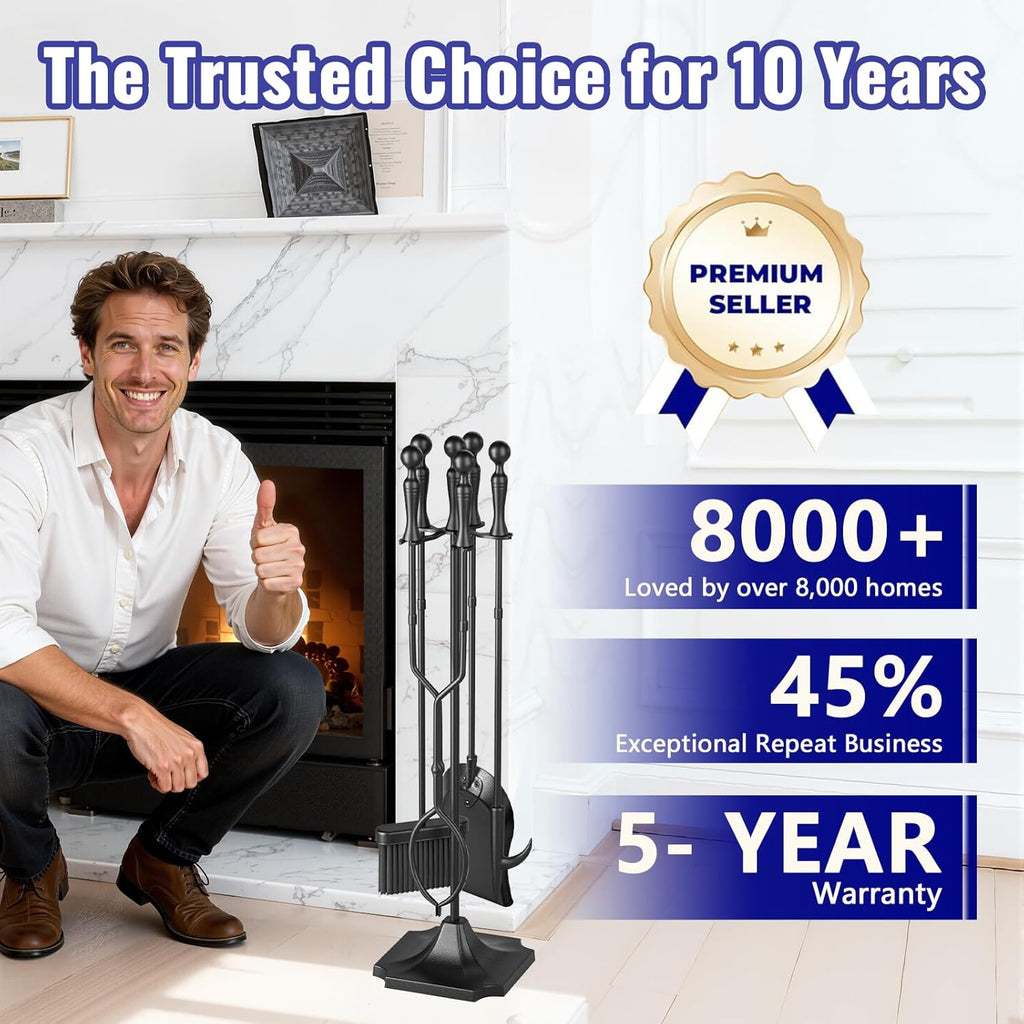 AMAGABELI Garden & Home 5 Pcs Fireplace Tools Set 31 Inch Indoor Black Handle Wrought Iron Large Fire Tool Accessories Set Holder Outdoor Fireset Modern Fire Pit Stand with Poker Brush Shovel Tong