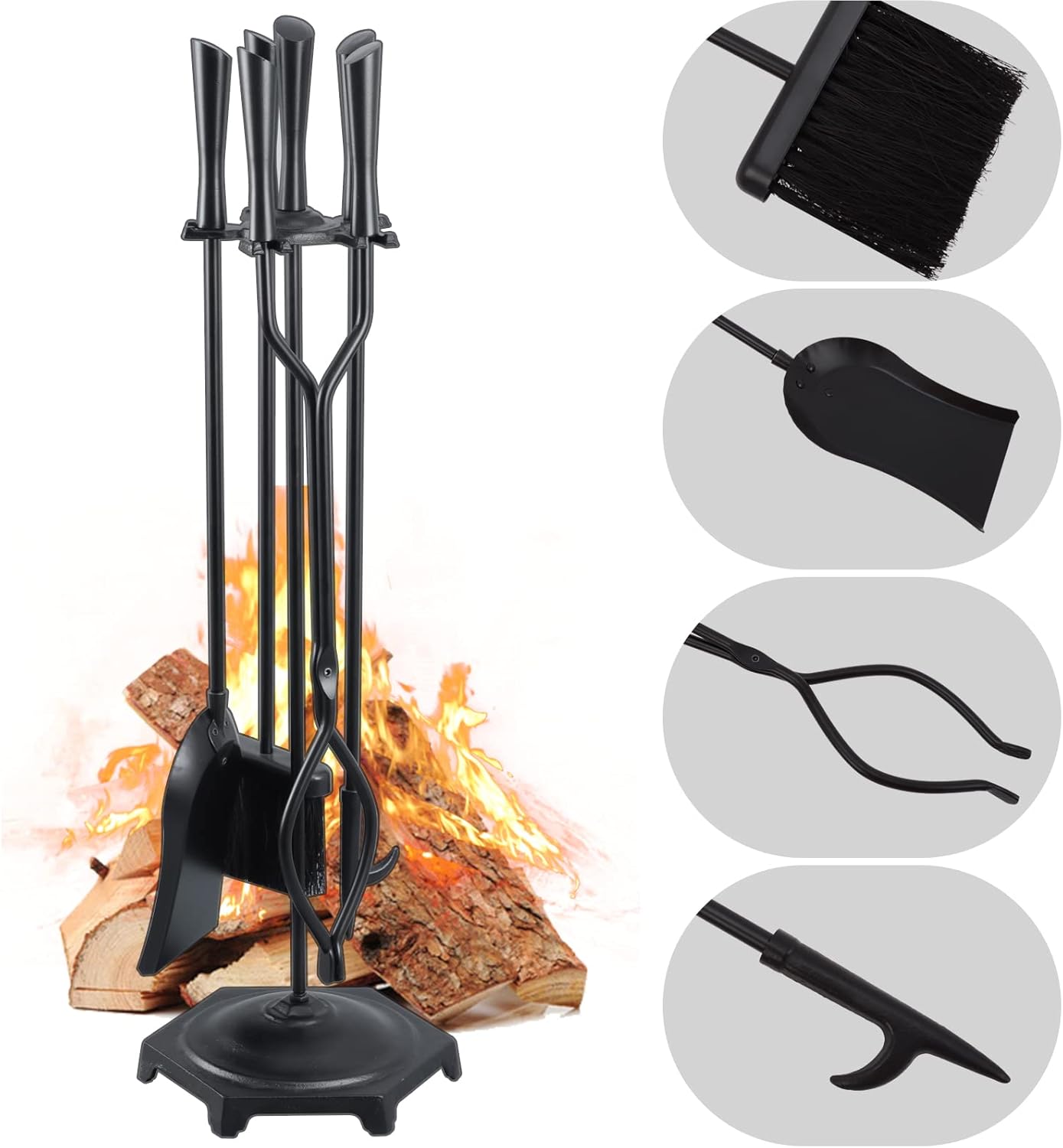 FEED GARDEN Fireplace Tools Set 5 Pieces, 30 Inch Modern Wrought Iron Outdoor Fireplace Accessories Set Long Holder Indoor with Poker, Tongs, Shovel, Brush, Base Black