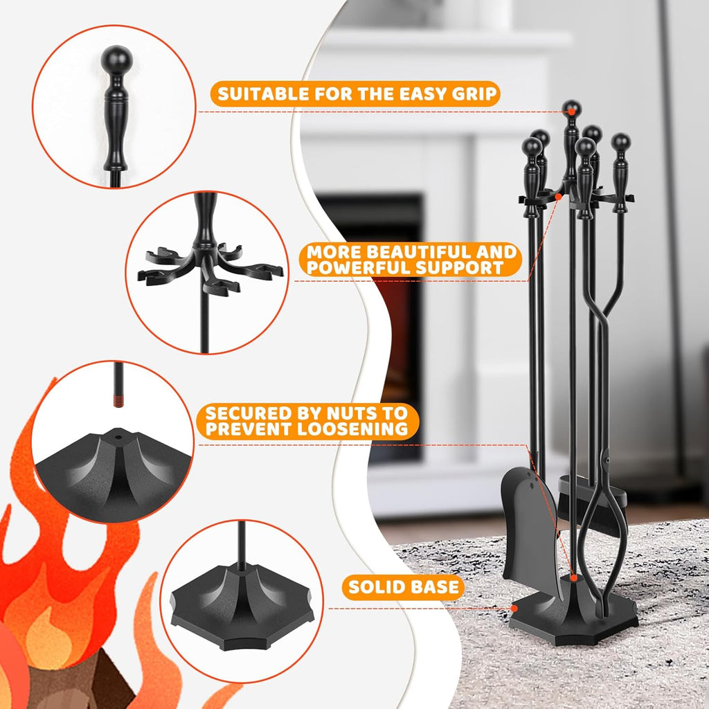 5 Pieces 31In Fireplace Tools Set, Wrought Iron Fireplace Tools with Ergonomic Handle, Fireplace Accessories Set Included Tong, Shovel, Base, Poker and Brush for Indoor & Outdoor (Black)