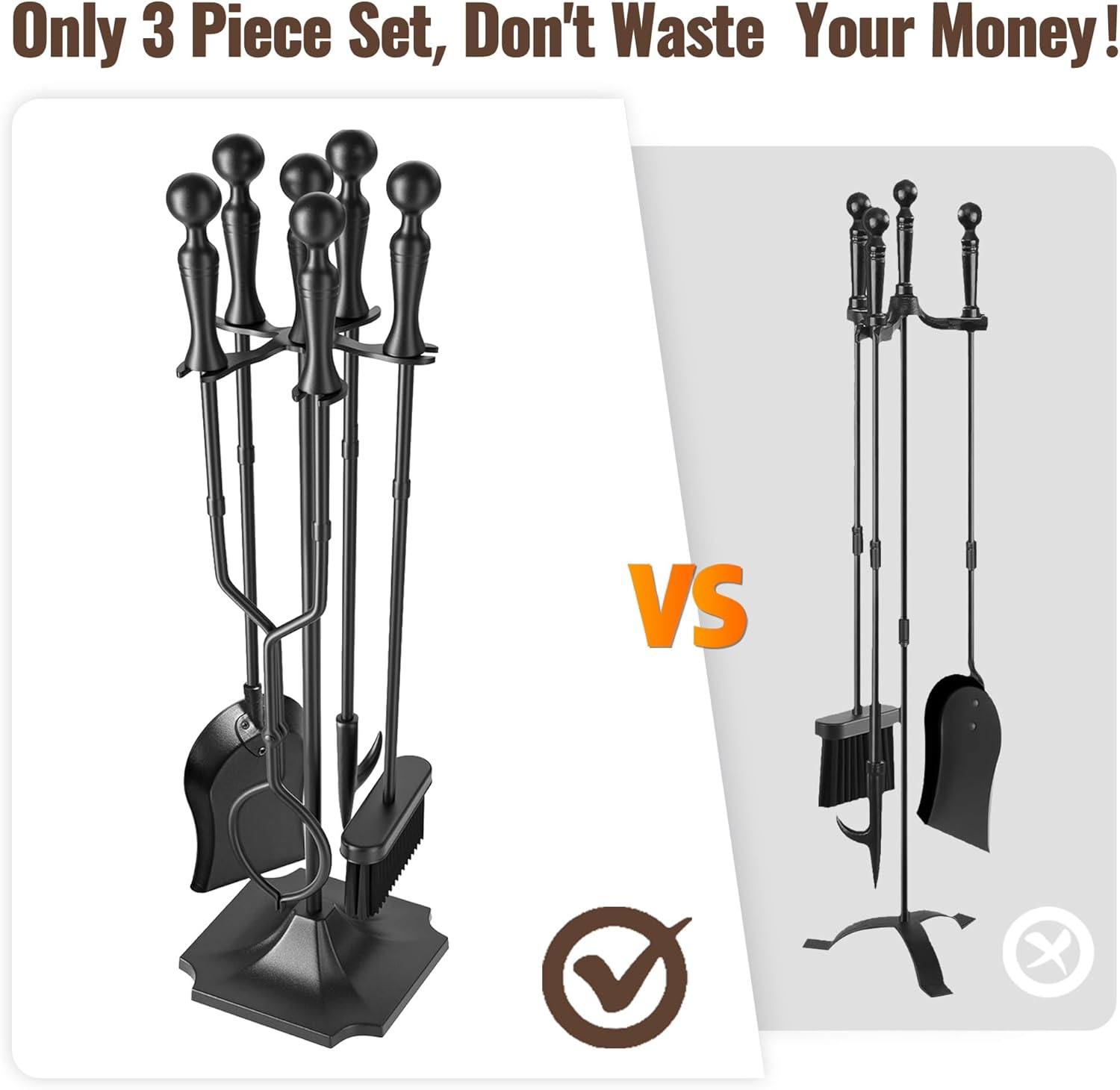 AMAGABELI Garden & Home 5 Pcs Fireplace Tools Set 31 Inch Indoor Black Handle Wrought Iron Large Fire Tool Accessories Set Holder Outdoor Fireset Modern Fire Pit Stand with Poker Brush Shovel Tong