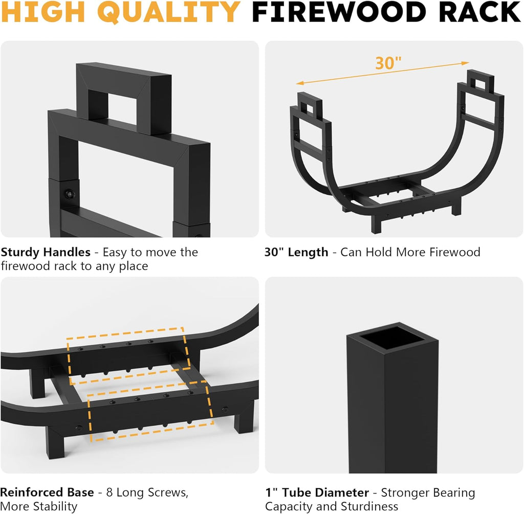 30 Inch Firewood Rack Outdoor Indoor with Handle and Log Carrier Bag, Stable Metal Wood Rack Heavy Duty Log Holder for Fireplace Patio Deck, Rustproof Firewood Storage Organizer Tool, Black