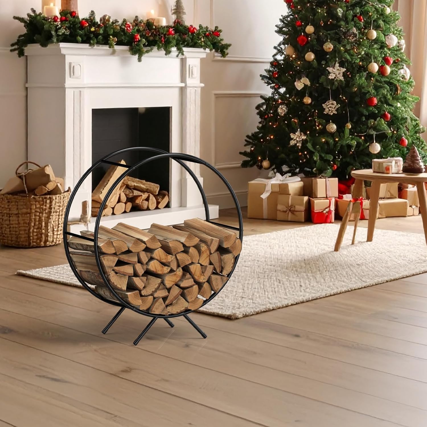 NANANARDOSO 31 inch Firewood Rack Outdoor,Powder-coated Metal Fireplace Log Holder for Firewood Storage,Rustproof Stable Log Holder and Fireplace Organizer