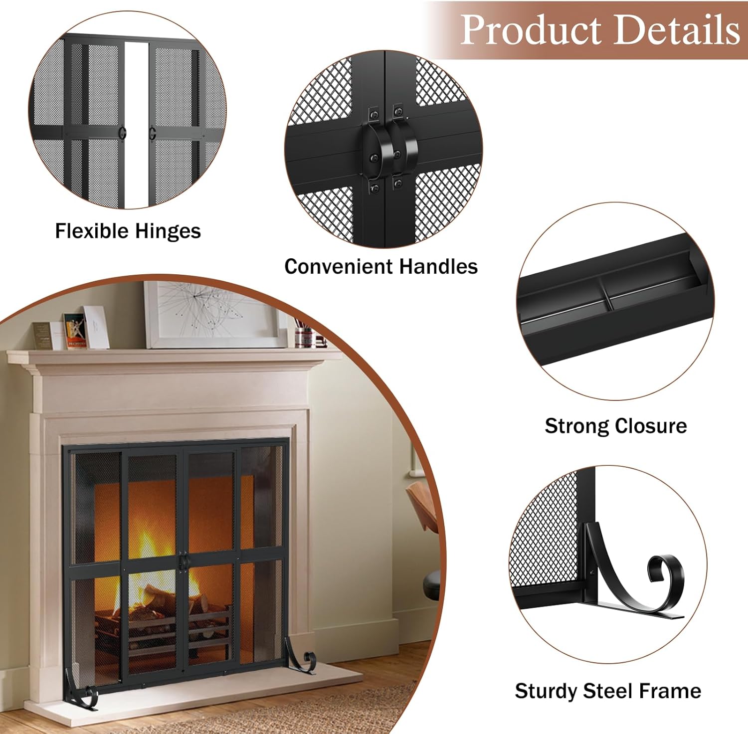 Fireplace Screen with Sliding Doors, 37.8" W x 30.7" H Handcrafted Wrought Iron Fire Spark Guard Fire Place Gate Protector for Living Room, Children and Pet Safety(Large)