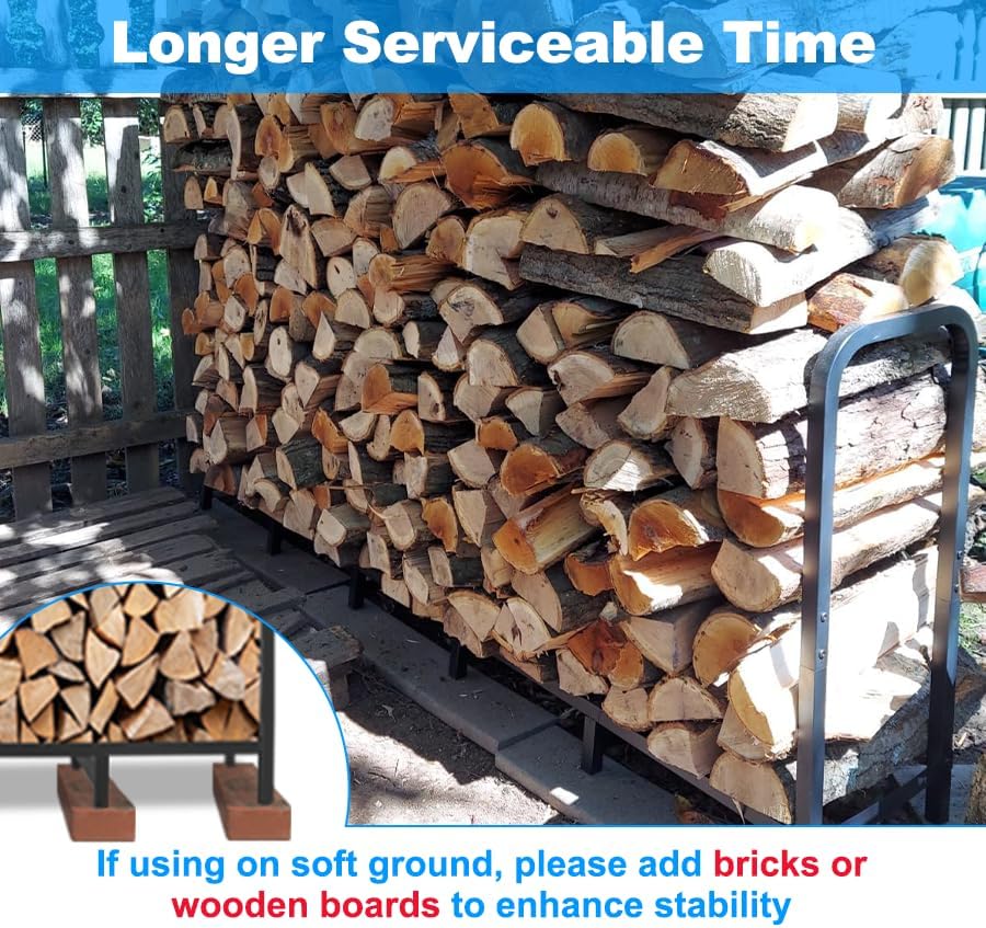 8ft Firewood Rack Holder, Adjustable Heavy Duty Fire Log Stacker Stand for Fireplace, Outdoor Indoor Metal Wood Pile Storage Organizer, Patio Logs Stand tool, Black