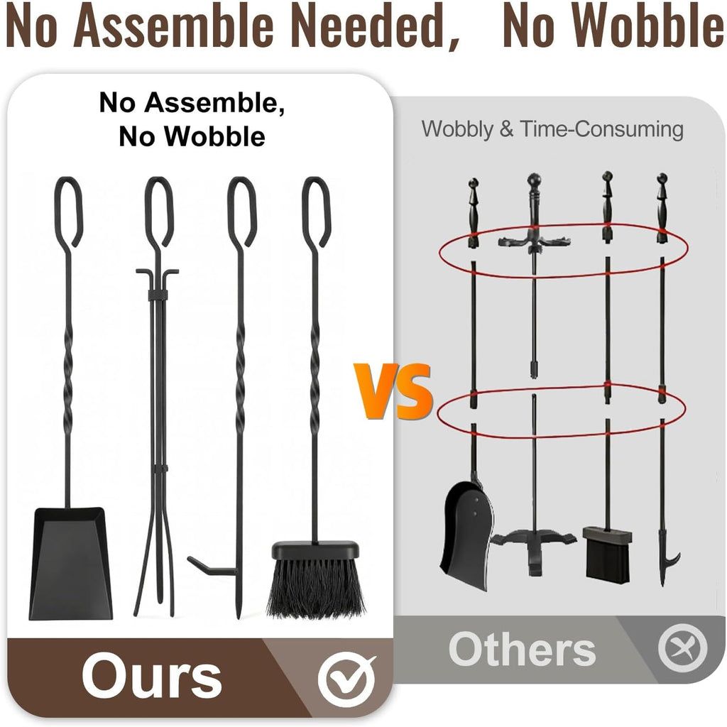 AMAGABELI GARDEN & HOME 5 Pieces Fireplace Tools Set Indoor Wrought Iron Fire Place Pit Large Poker Wood Stove Log Firewood Tongs Holder with Handles Modern Black Outdoor Accessories Kit