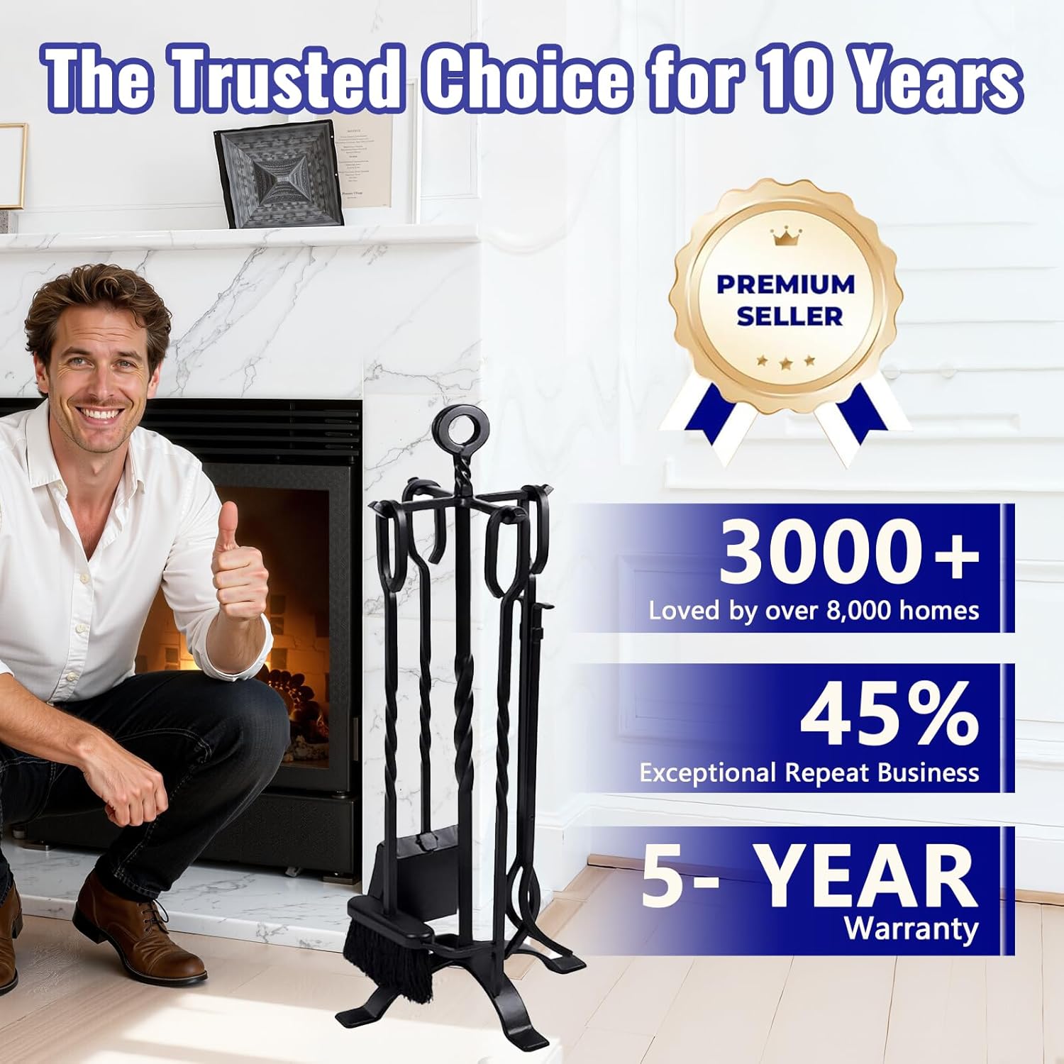 AMAGABELI GARDEN & HOME 5 Pieces Fireplace Tools Set Indoor Wrought Iron Fire Place Pit Large Poker Wood Stove Log Firewood Tongs Holder with Handles Modern Black Outdoor Accessories Kit