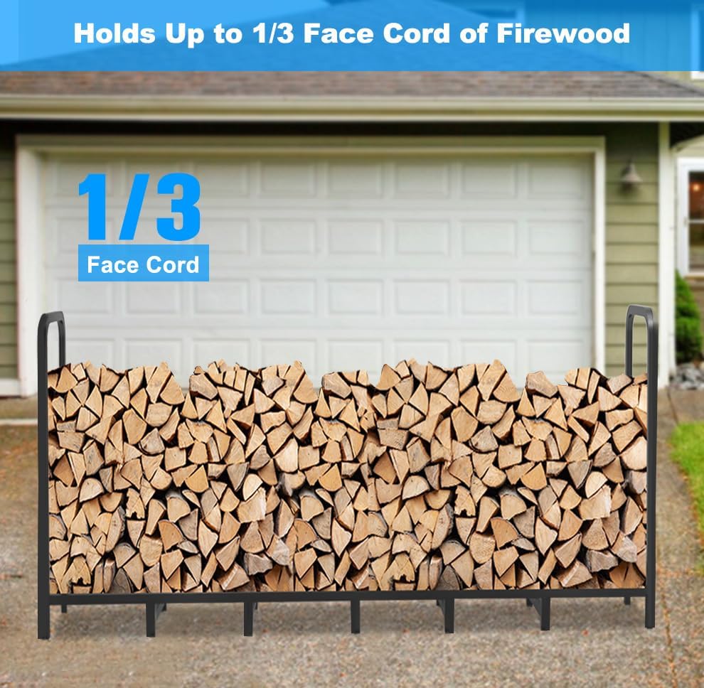 8ft Firewood Rack Holder, Adjustable Heavy Duty Fire Log Stacker Stand for Fireplace, Outdoor Indoor Metal Wood Pile Storage Organizer, Patio Logs Stand tool, Black