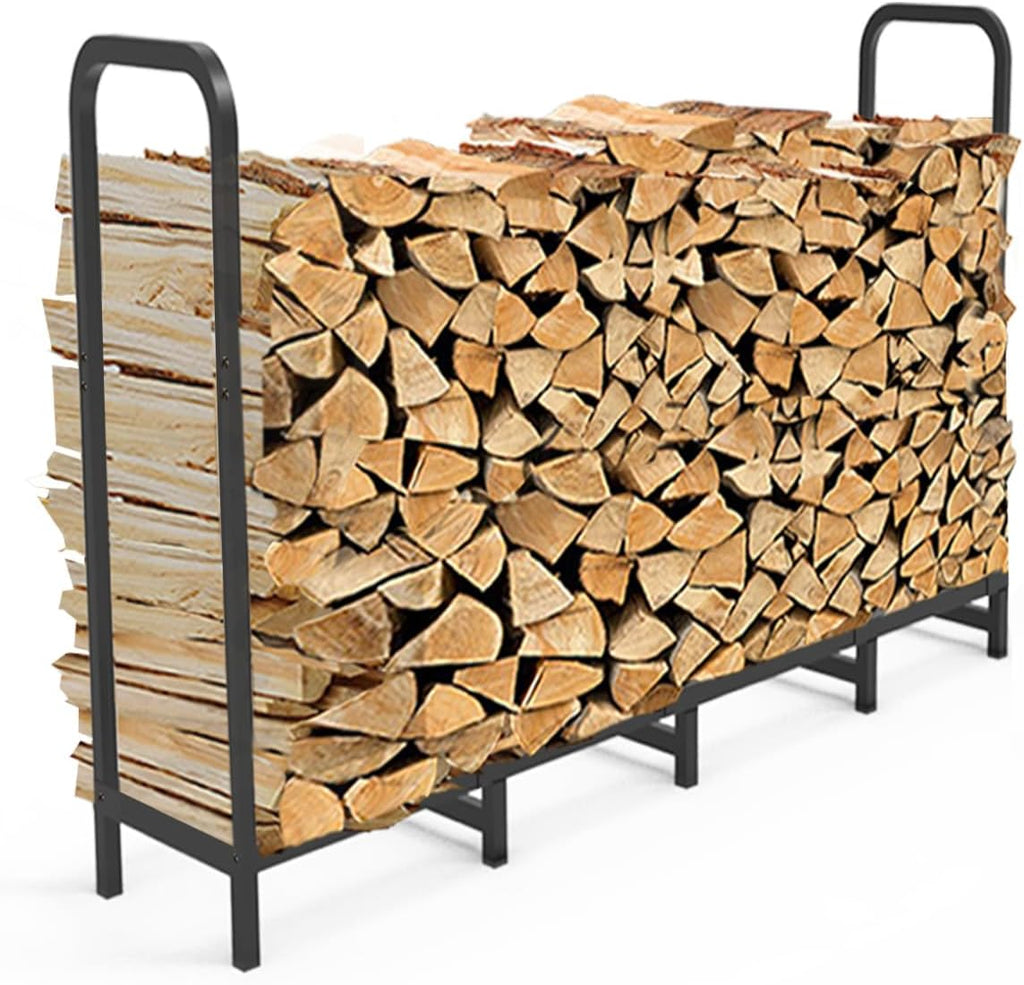 8ft Firewood Rack Holder, Adjustable Heavy Duty Fire Log Stacker Stand for Fireplace, Outdoor Indoor Metal Wood Pile Storage Organizer, Patio Logs Stand tool, Black