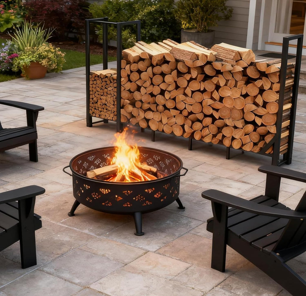 8ft Large Firewood Rack Outdoor, Heavy Duty Metal Wood Rack with Kindling Storage - For Indoor & Outdoor Fireplace, Wood Pile Organizer,Black