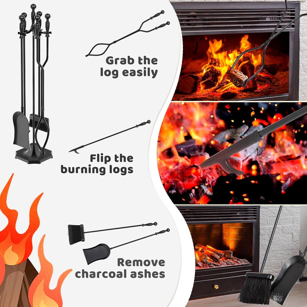 5 Pieces 31In Fireplace Tools Set, Wrought Iron Fireplace Tools with Ergonomic Handle, Fireplace Accessories Set Included Tong, Shovel, Base, Poker and Brush for Indoor & Outdoor (Black)