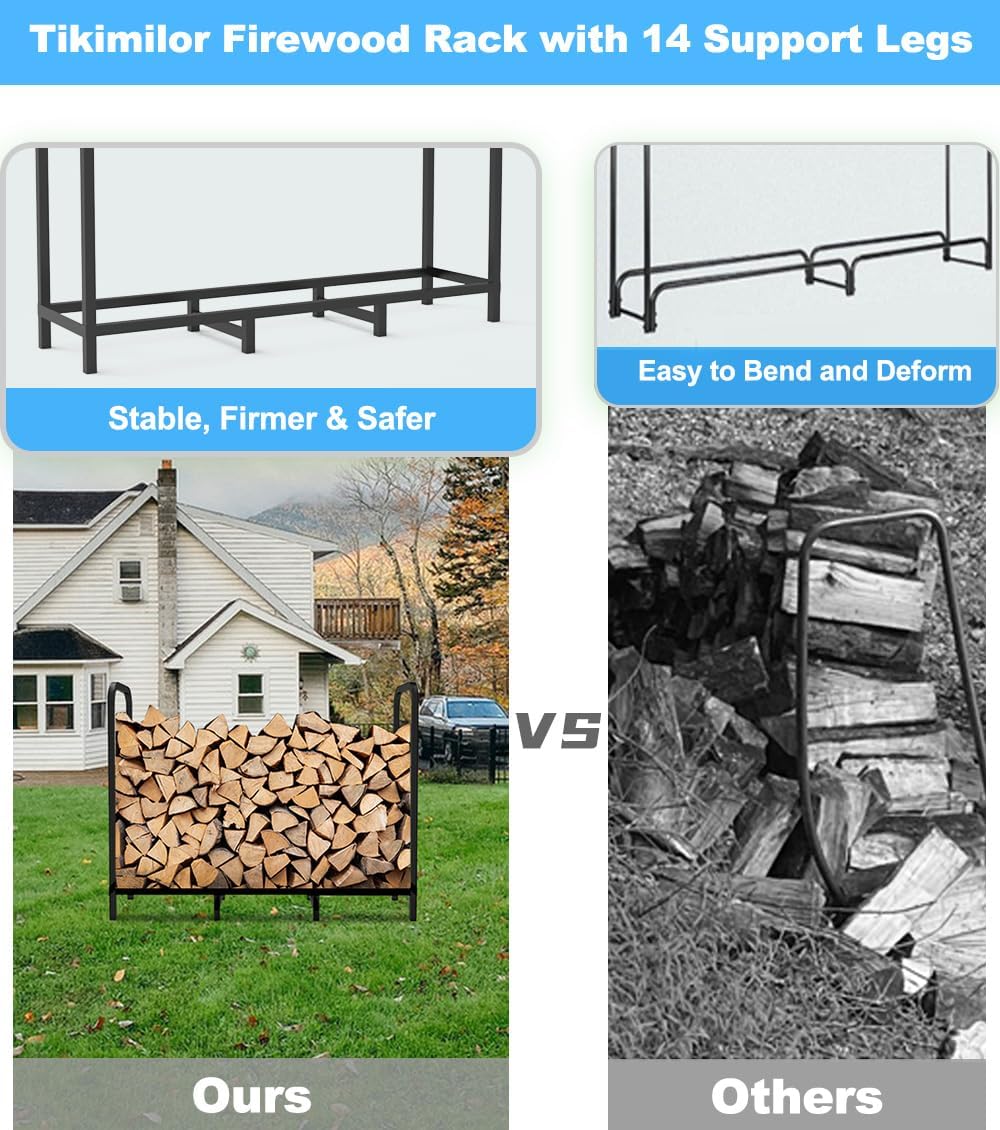4ft Firewood Rack Holder, Adjustable Heavy Duty Fire Log Stacker Stand for Fireplace, Outdoor Indoor Metal Wood Pile Storage Organizer, Patio Logs Stand tool, Black