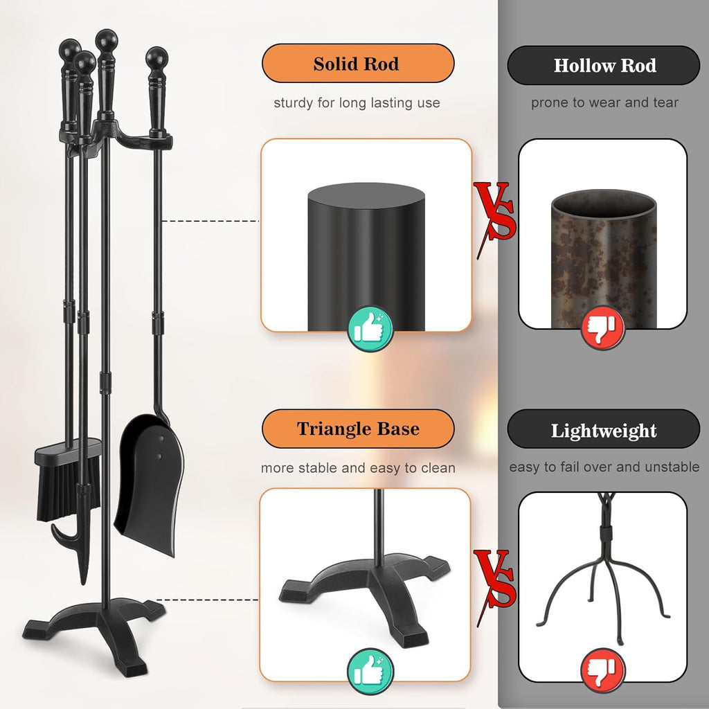 Gtongoko Fireplace Tools Set 4 Pcs 30 Inch Black Wrought Iron Large Fire Tool Set for Outdoor/Indoor Include Chimney Poker, Antique Shovel, Rustic Brush and Stand Accessories Set