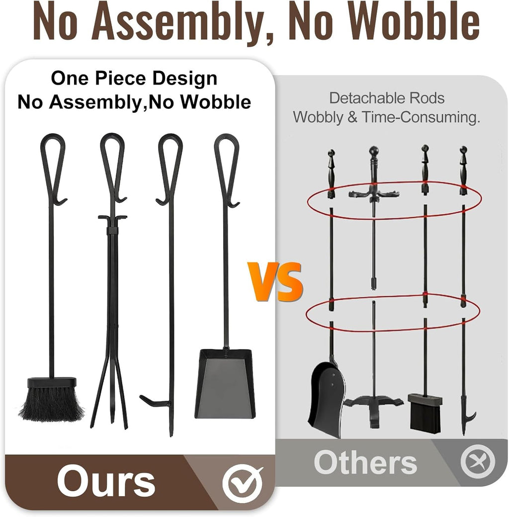 AMAGABELI GARDEN & HOME 5 Pieces Fireplace Tools Set Heavy Duty Black Cast Wrought Iron Tool Set with Log Holder Fire Set Stand Scroll Rustic Antique Accessories Set