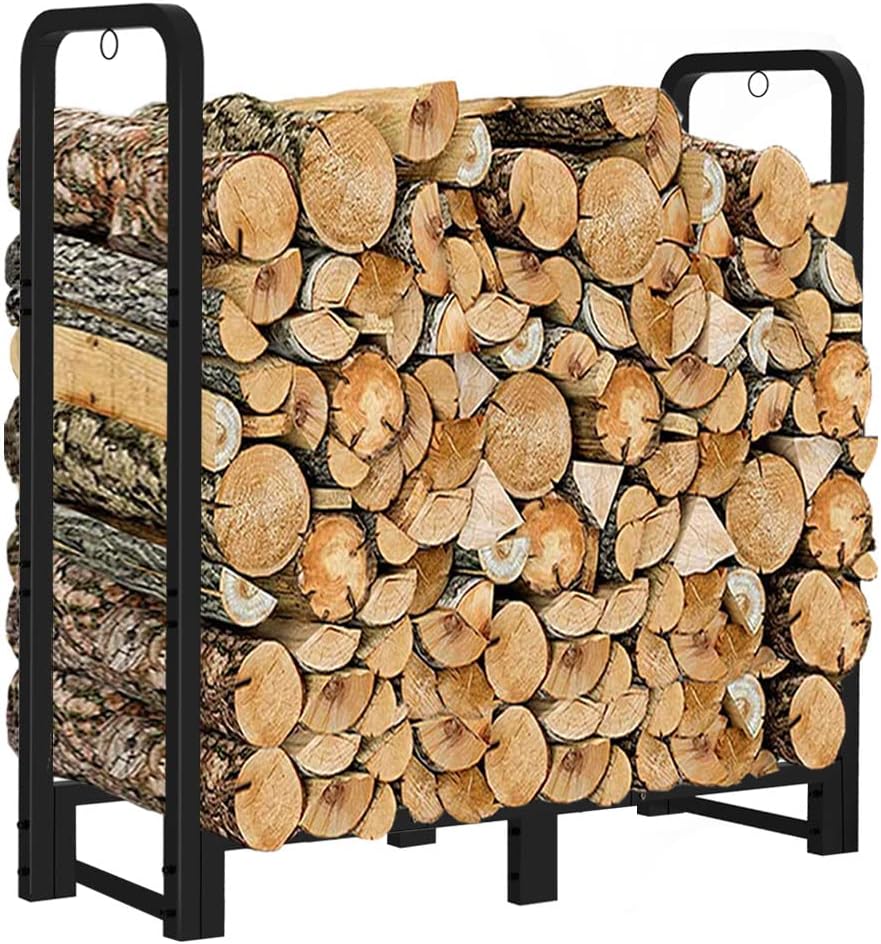 Artibear Firewood Rack Stand 4ft Heavy Duty Logs Holder for Outdoor Indoor Fireplace Metal Wood Pile Storage Stacker Organizer, Matte Black