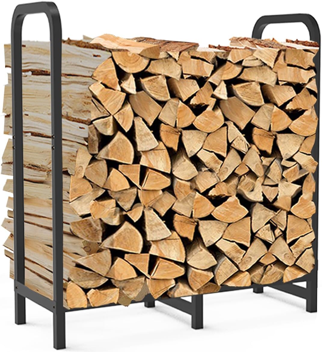 8ft Firewood Rack Holder, Adjustable Heavy Duty Fire Log Stacker Stand for Fireplace, Outdoor Indoor Metal Wood Pile Storage Organizer, Patio Logs Stand tool, Black