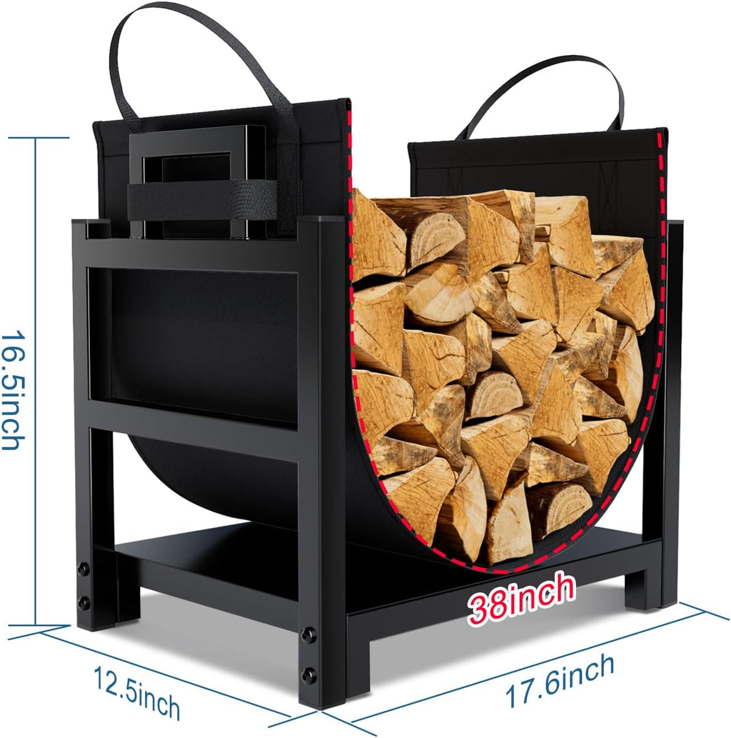MOFEEZ Firewood Rack Log Holder Indoor with Wood Carrier, Powder-coated Steel Made, Up-loaded to 110lb, 18inch(L) x 13inch(W) x 17inch(H)